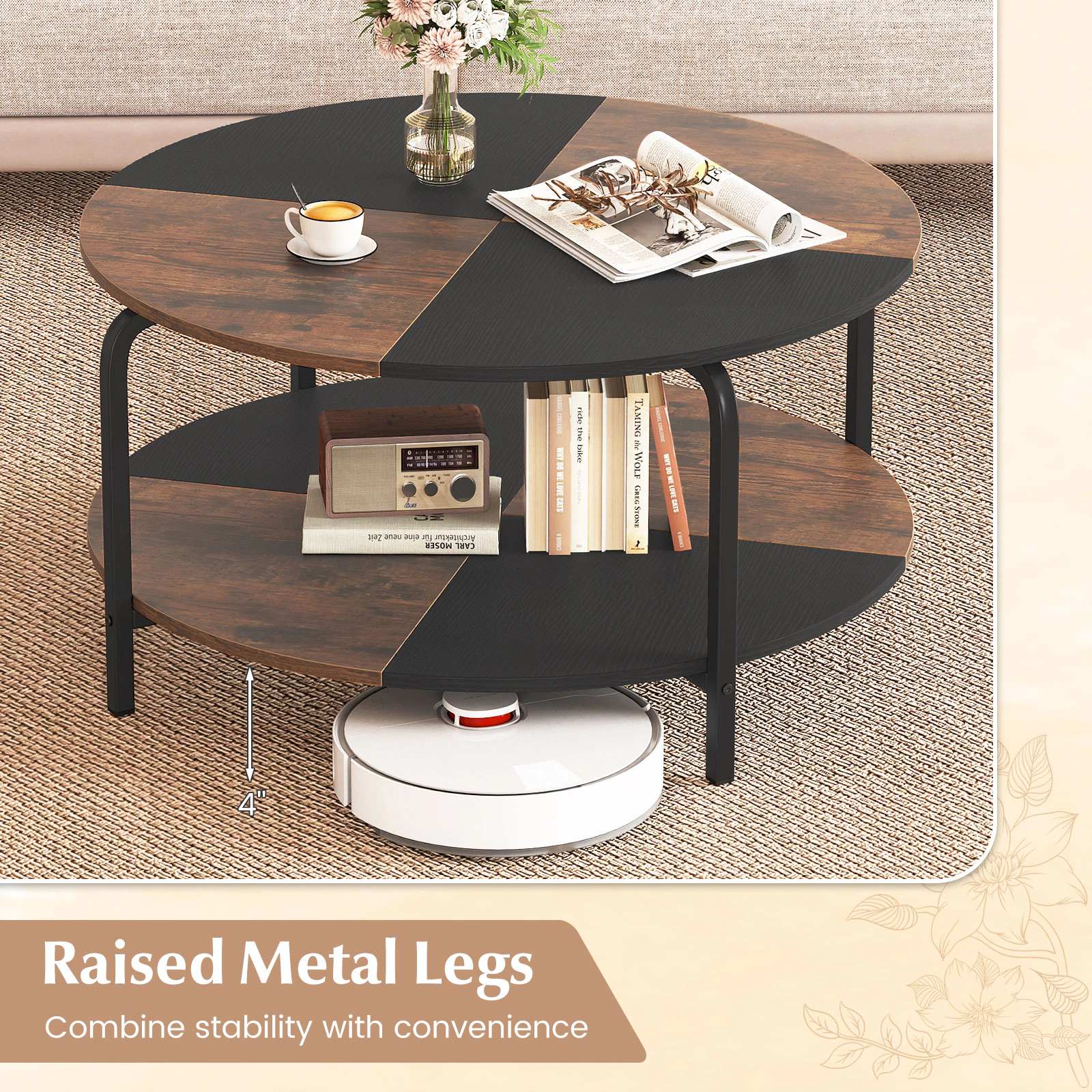 Glintex 2-Tier 31.5-Inch Round Coffee Table with Split-Color Top