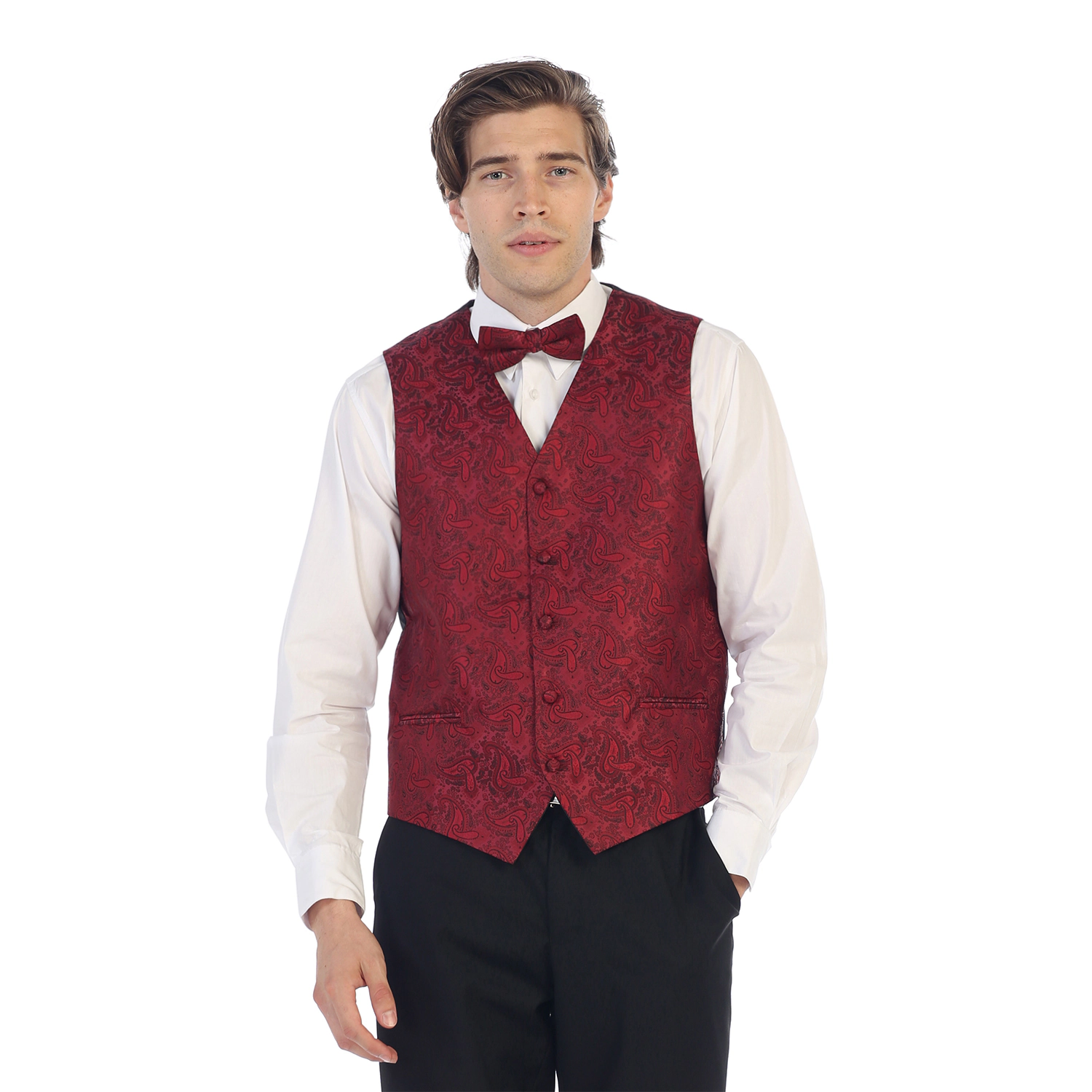 Gioberti Men's Formal 4pc Metallic Paisley Vest Necktie Bowtie And Pocket Square