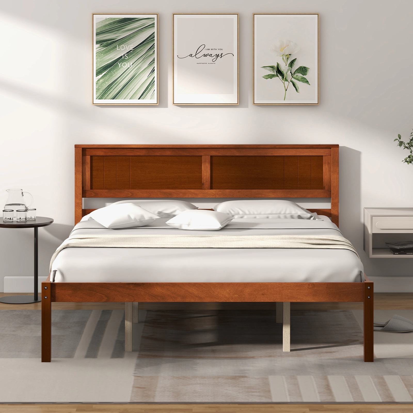 Queen Size Walnut Wood Bed Frame with Headboard and 16-in Footboard Low Profile Platform Bed with Center Support Legs