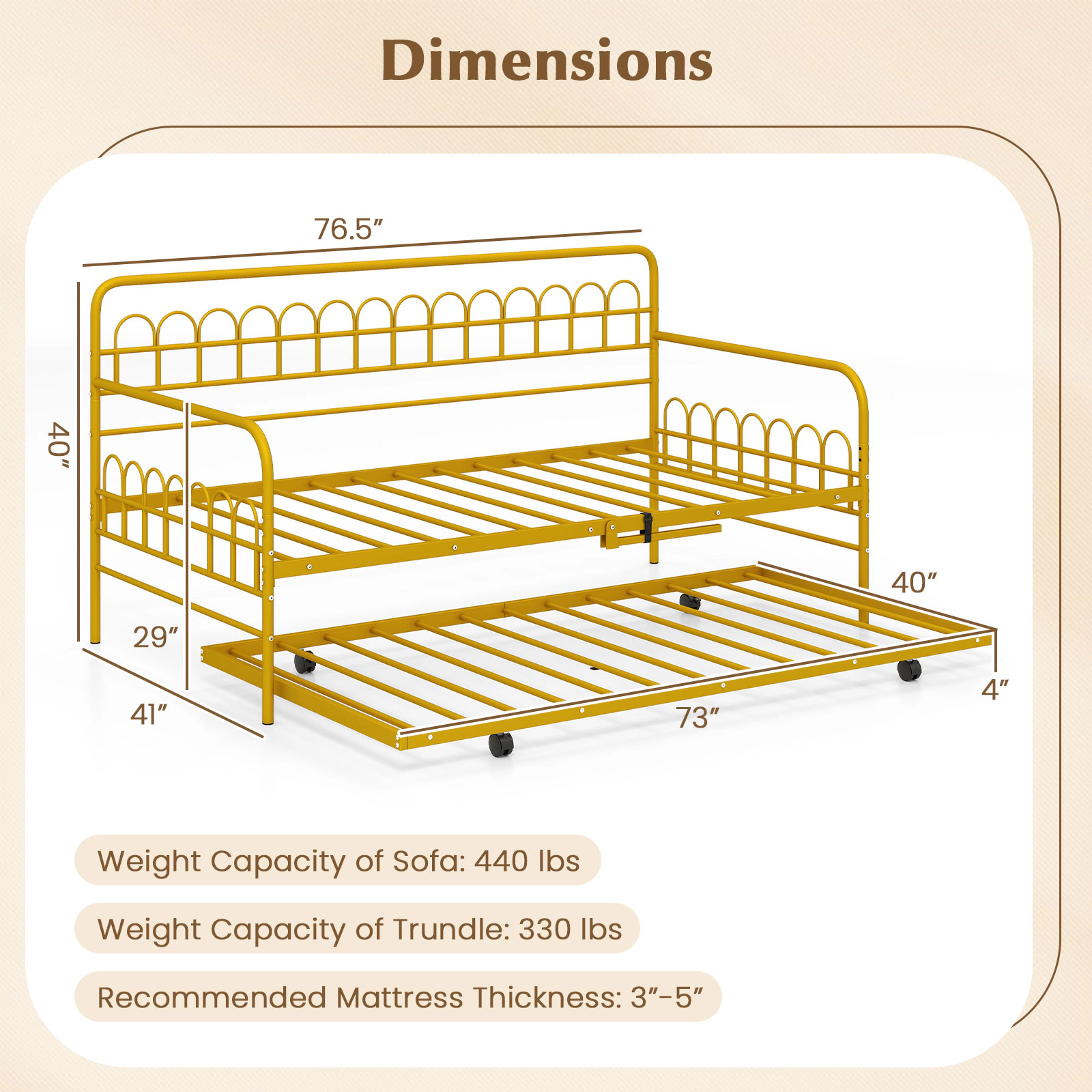Twin Size Metal Daybed with Trundle Gold Sofa Bed Frame with Curved Backrest Armrests 26 Steel Slats