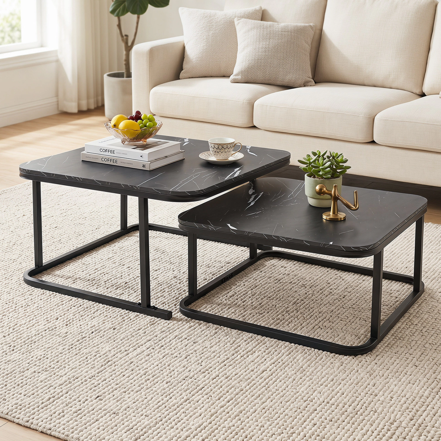 LJG Nesting Coffee Table Set of 2 with Faux Marble Top and Metal Frame