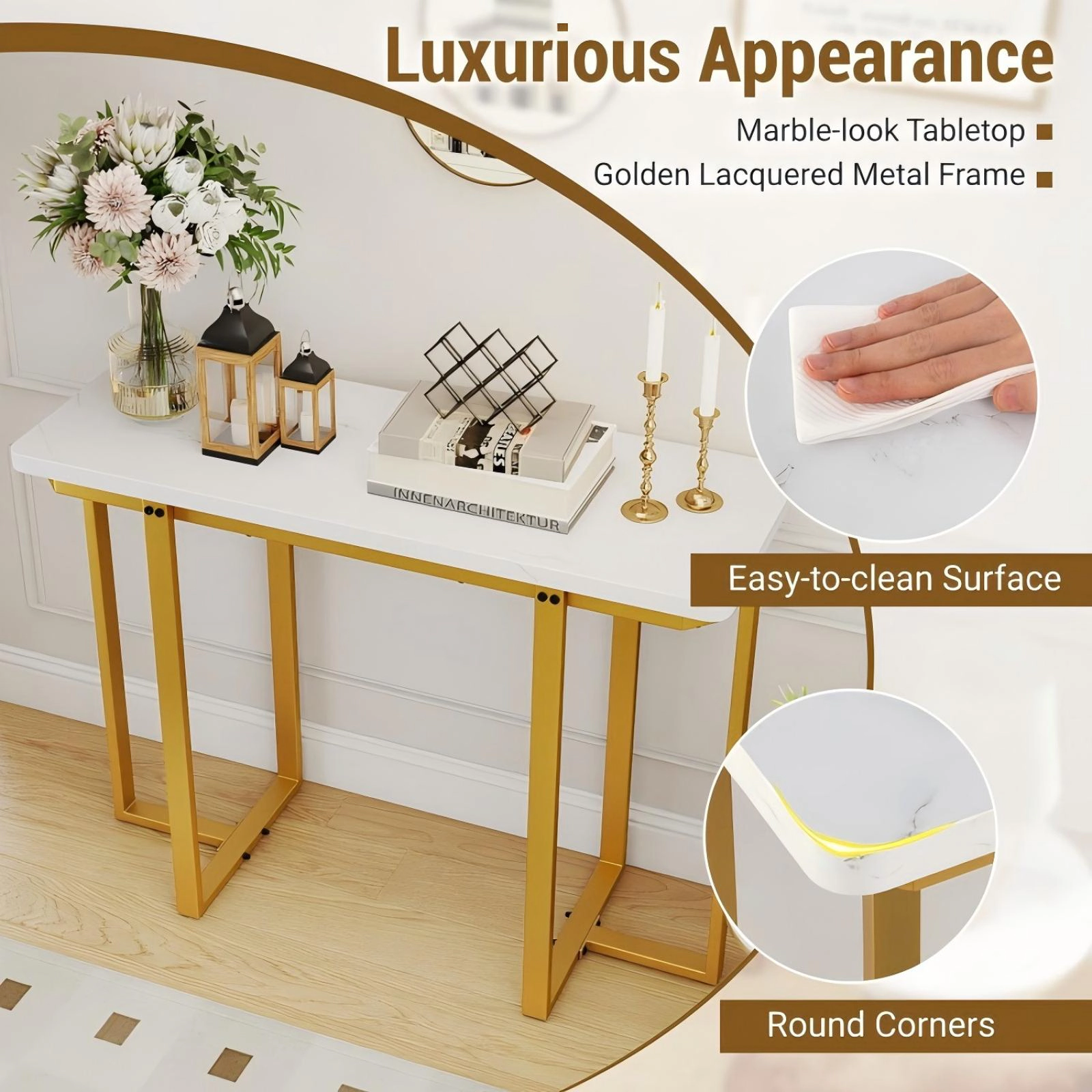 SUGIFT Modern Faux Marble Entryway Console Table with Geometric Metal Frame 155-lb Tabletop Capacity White & Gold