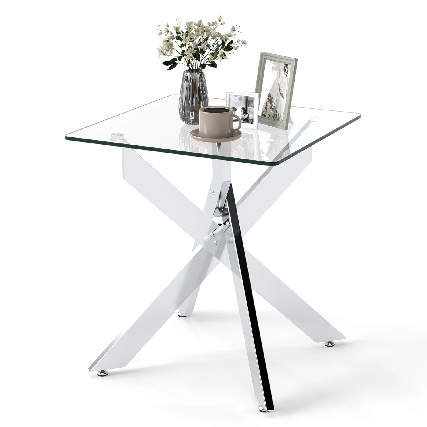 Glintex Square Tempered Glass End Table with Double X-Frame Metal Base, Silver