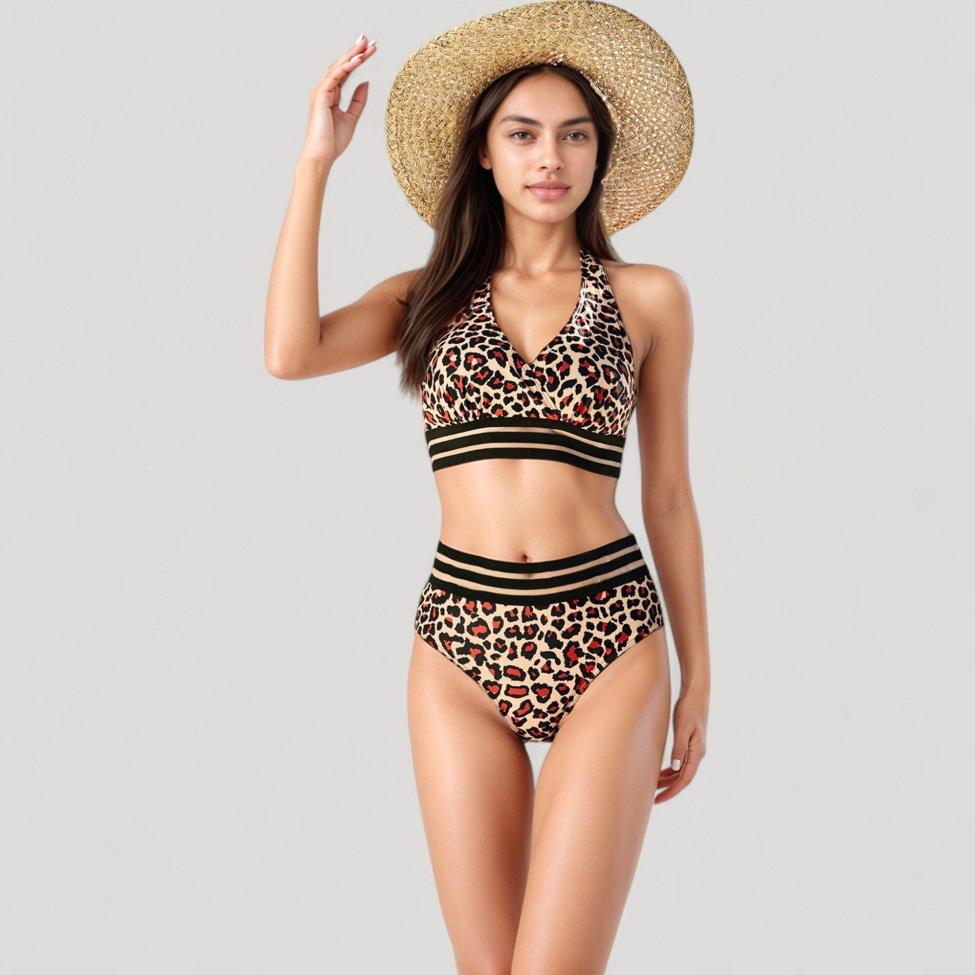 Anna-Kaci Women's Leopard Print Bikini Set with Striped Elastic Halter Top and High Waist Bottoms for a Sporty Wild Look