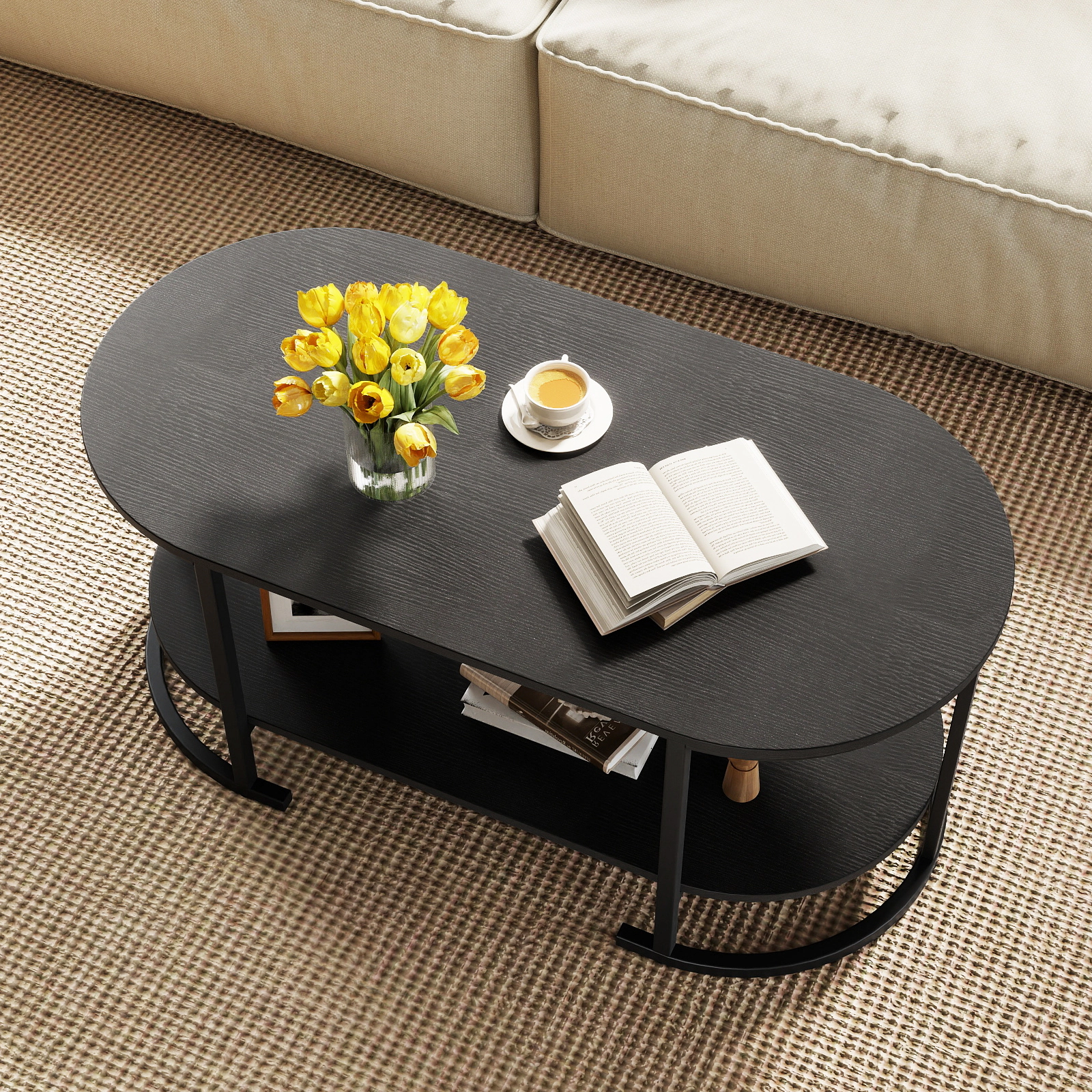 SUGIFT 2-Tier Oval Open Storage Curved Metal Frame Coffee Table 39.5-in x 19.5-in x 18-in 88-lb per Shelf Black
