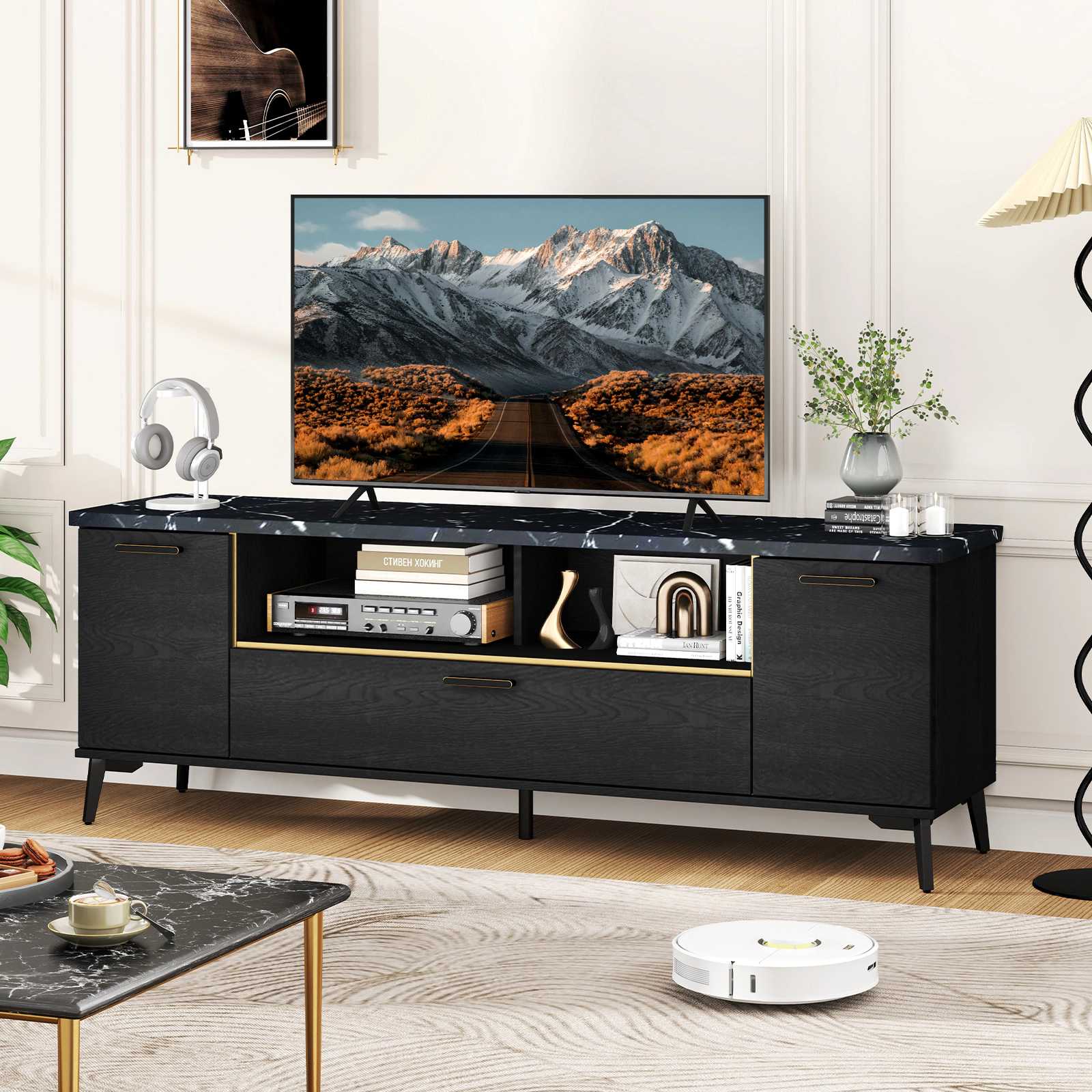 Glintex 63-Inch TV Stand with Flip-Down Door and Faux Marble Top, Black