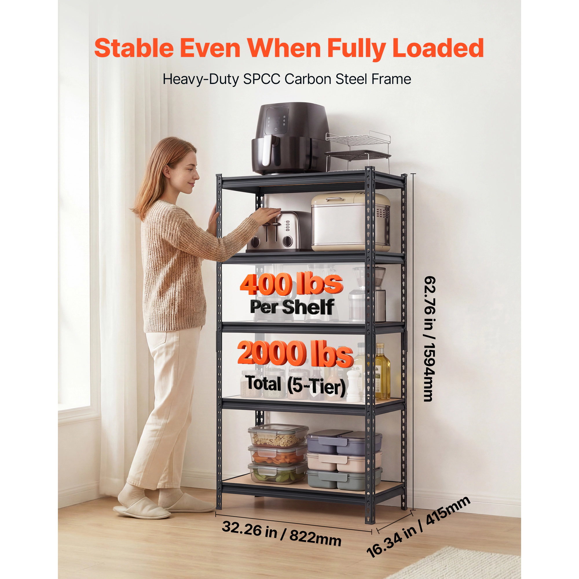 Flynama 5 Tier 32.4 x 16.3 x 62.8 in Shelves 2000 LBS Adjustable Heavy Duty Utility Rack for Kitchen Pantry