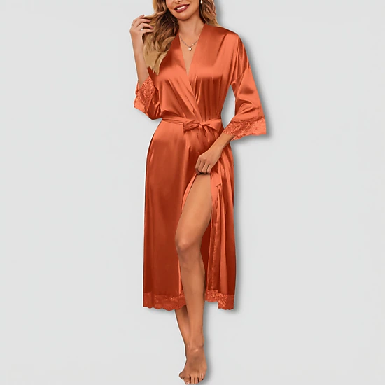 Ekouaer Satin Robes Lace Trim Silk Robe Three Quarter Sleeve Kimono Bathrobe Bride Bridesmaid