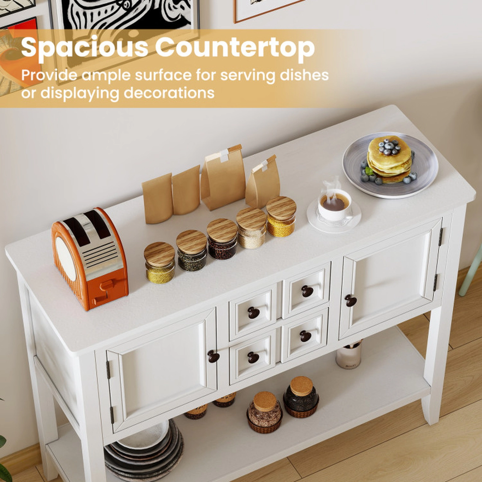 SUGIFT 2-Door Solid Pine Wood 2 Drawers Bottom Shelf Sideboard Buffet 42-in x 15-in x 34-in 180-lb Capacity White