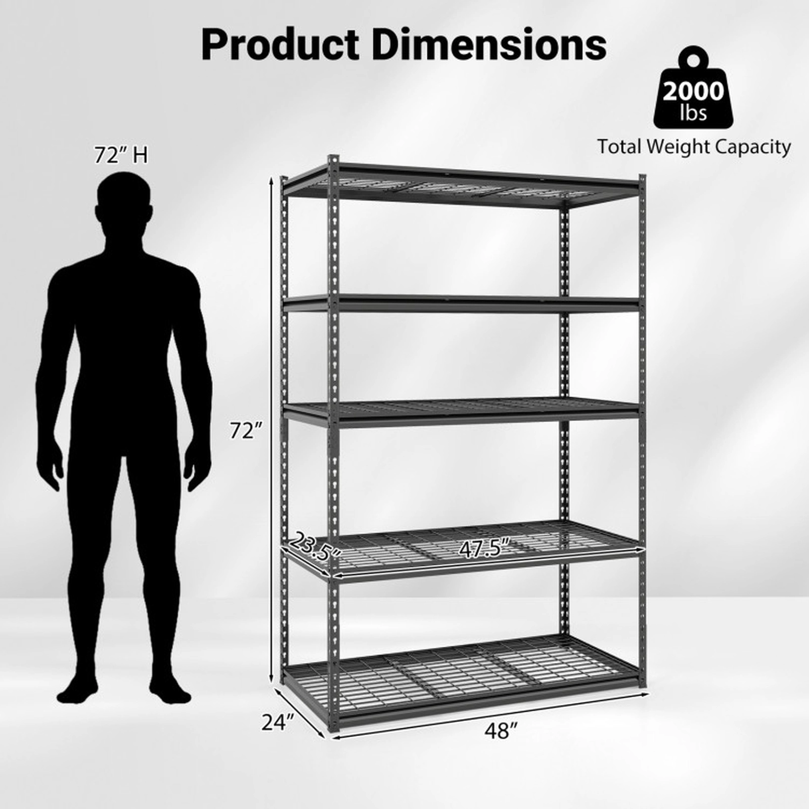 SUGIFT 48-in Wide 5-Tier 2000-lb Capacity Metal Wire Rack Shelving Unit with Connectors and Anti-Tip Kits