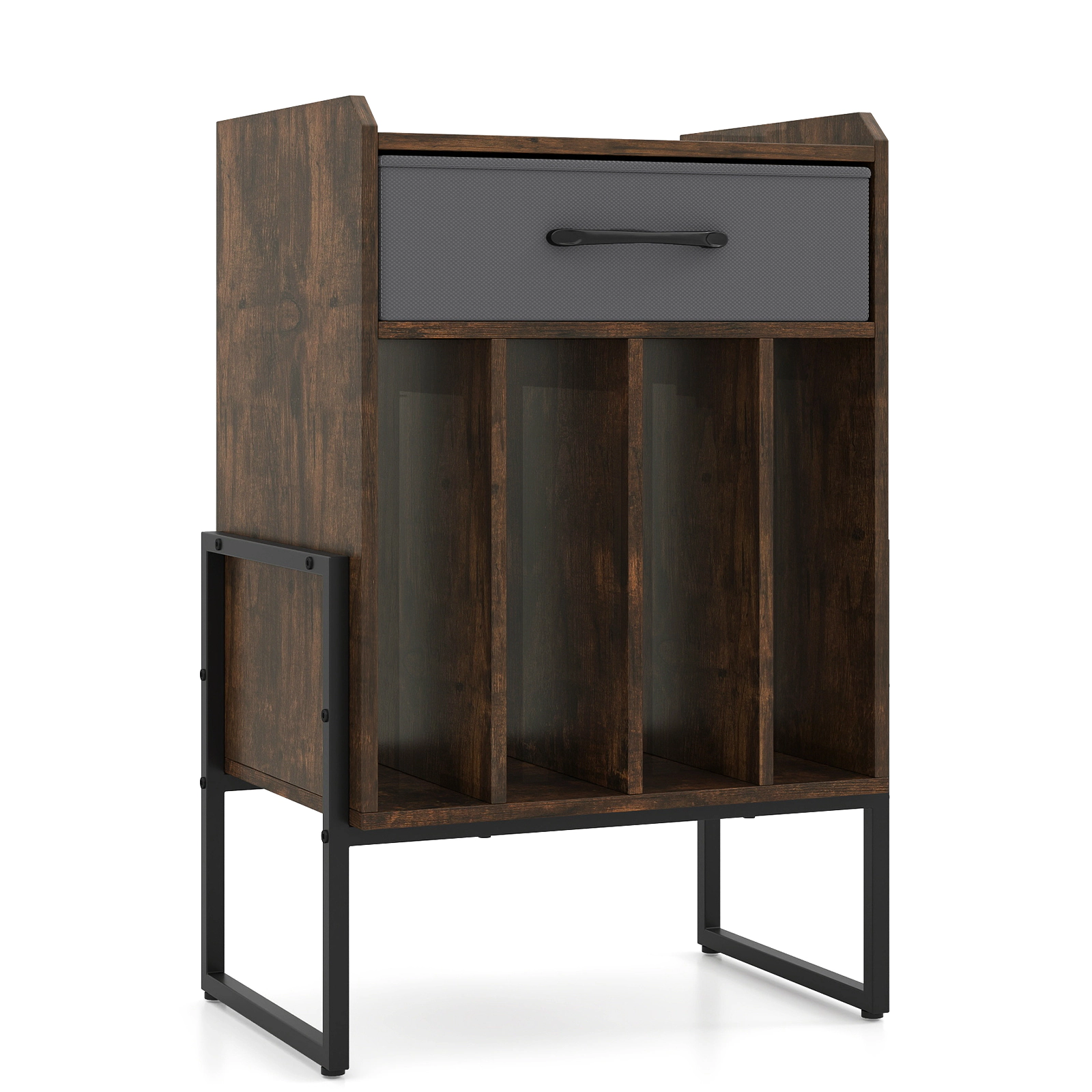 SUGIFT 27-Inch Rustic Brown Record Player Stand with Fabric Drawer and Vinyl Storage