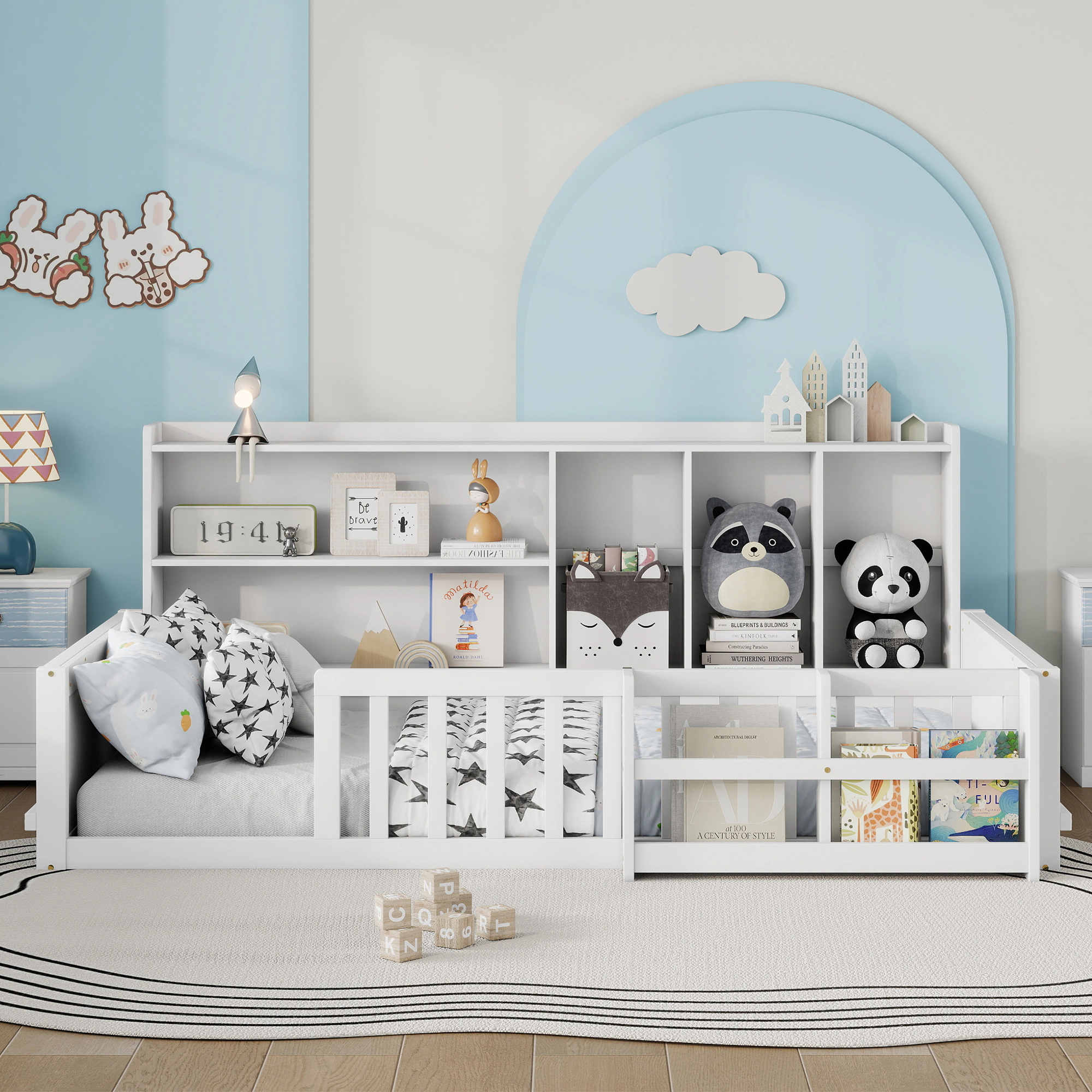 Flynama Twin Kids Wood Platform Bed, Guardrail Fence & Storage Shelves, Space Saving, White
