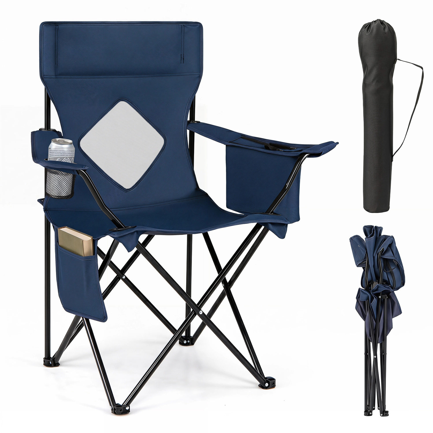 LJG Folding Camping Chair with Mesh Fabric Backrest Solid Metal Frame and Carrying Bag