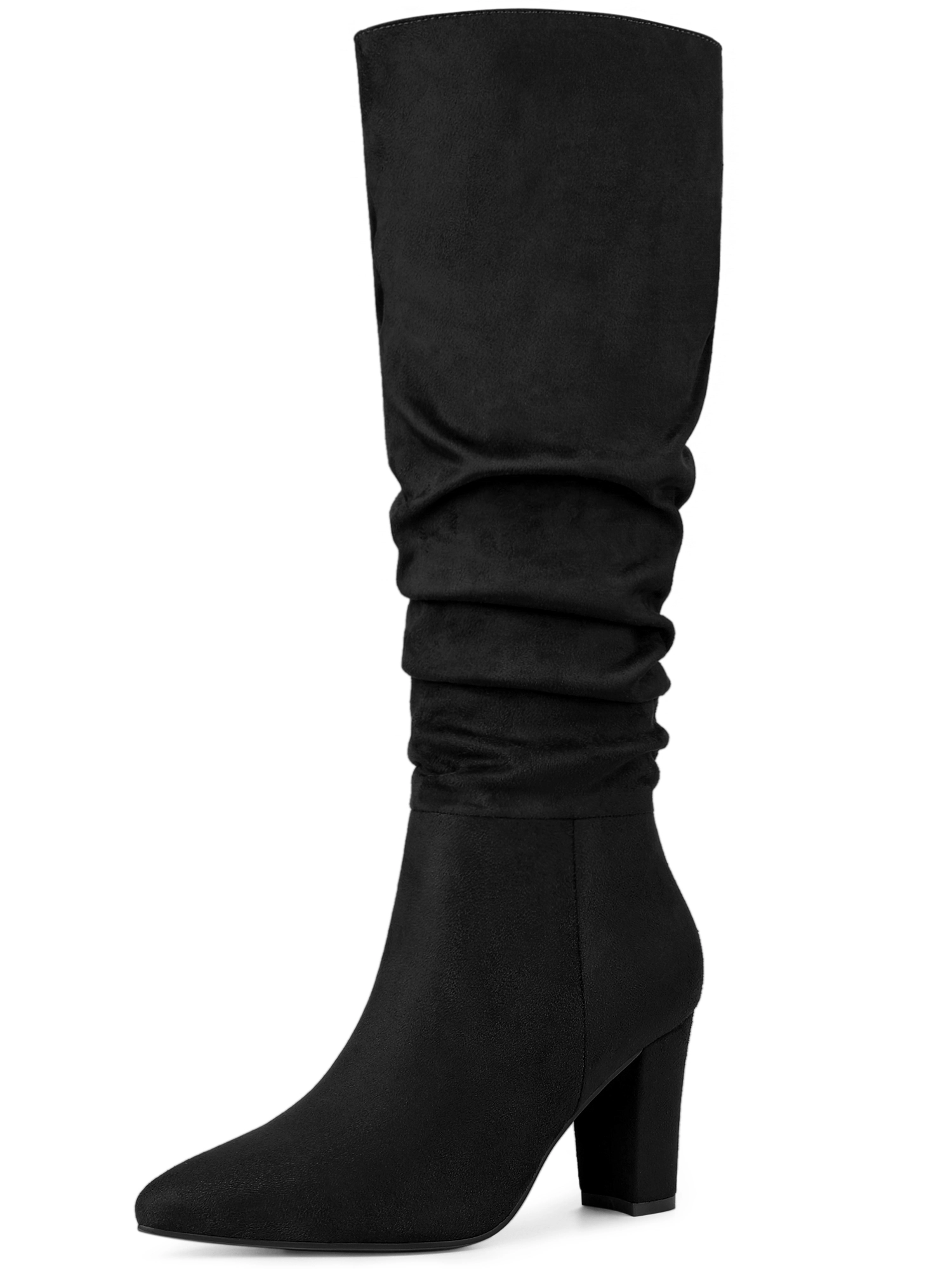 BLISSFUL STEP Women's Slouch Pointed Toe Chunky Heel Knee High Pull On Boots
