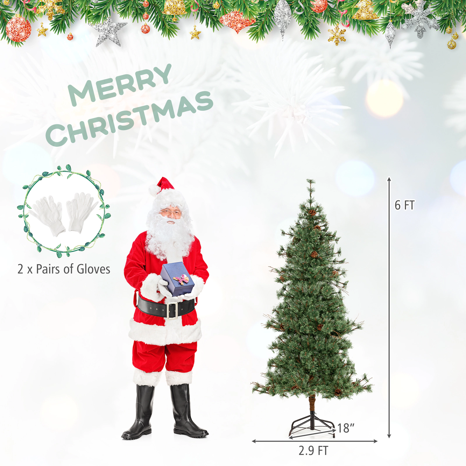 SlickBlue Pre-Lit Christmas Tree with Warm White LED Lights & Pine Cones