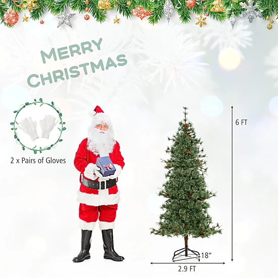 SUGIFT 6-ft Green Pre-Lit Artificial Christmas Tree with 22 Pine Cones 370 Tips and 200 Warm White LEDs