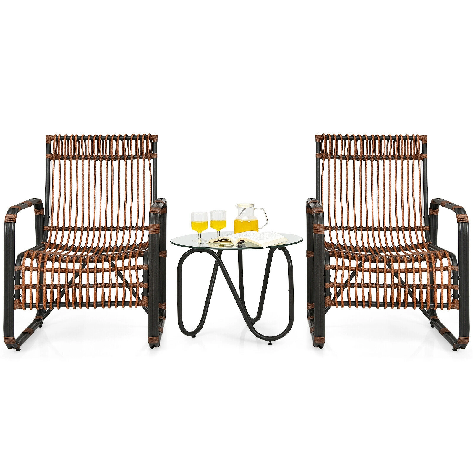 SUGIFT 3-Piece Patio Rattan Conversation Set with 2 Single Chairs & Glass Side Table 250-Lb Chair Capacity Brown & Black