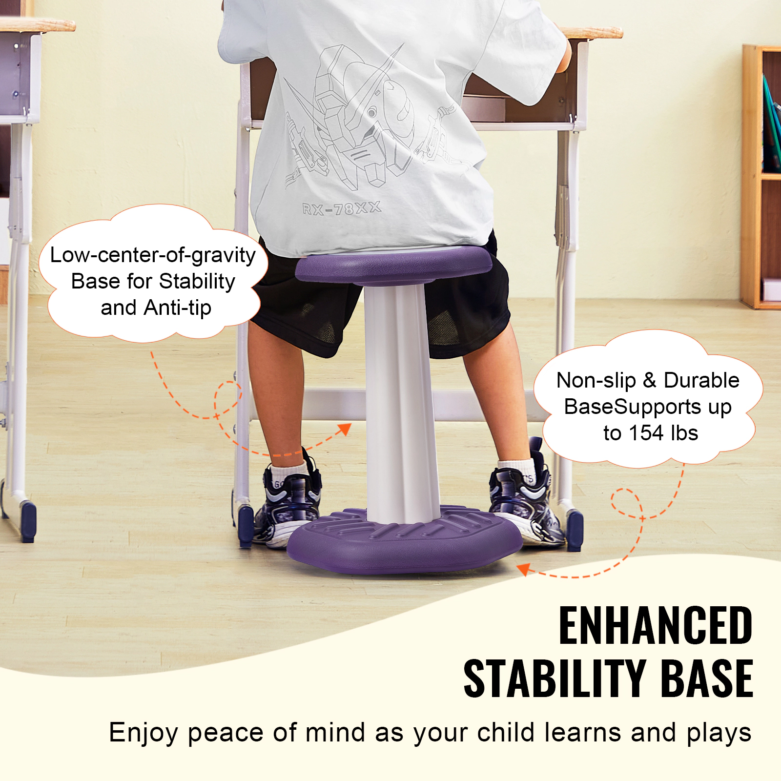 HONGGE Kids Wobble Chair for Ages 7-14, 360-Degree Swivel Stool with Cushioned Seat, HDPE, Holds up to 154 lbs
