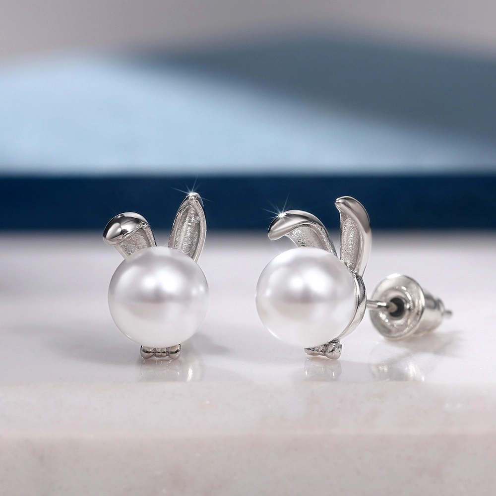 Wardrobe Whimsy Dainty Cute Rabbit Shape Imitation Pearl Stud Earrings Sweet Animal Jewelry