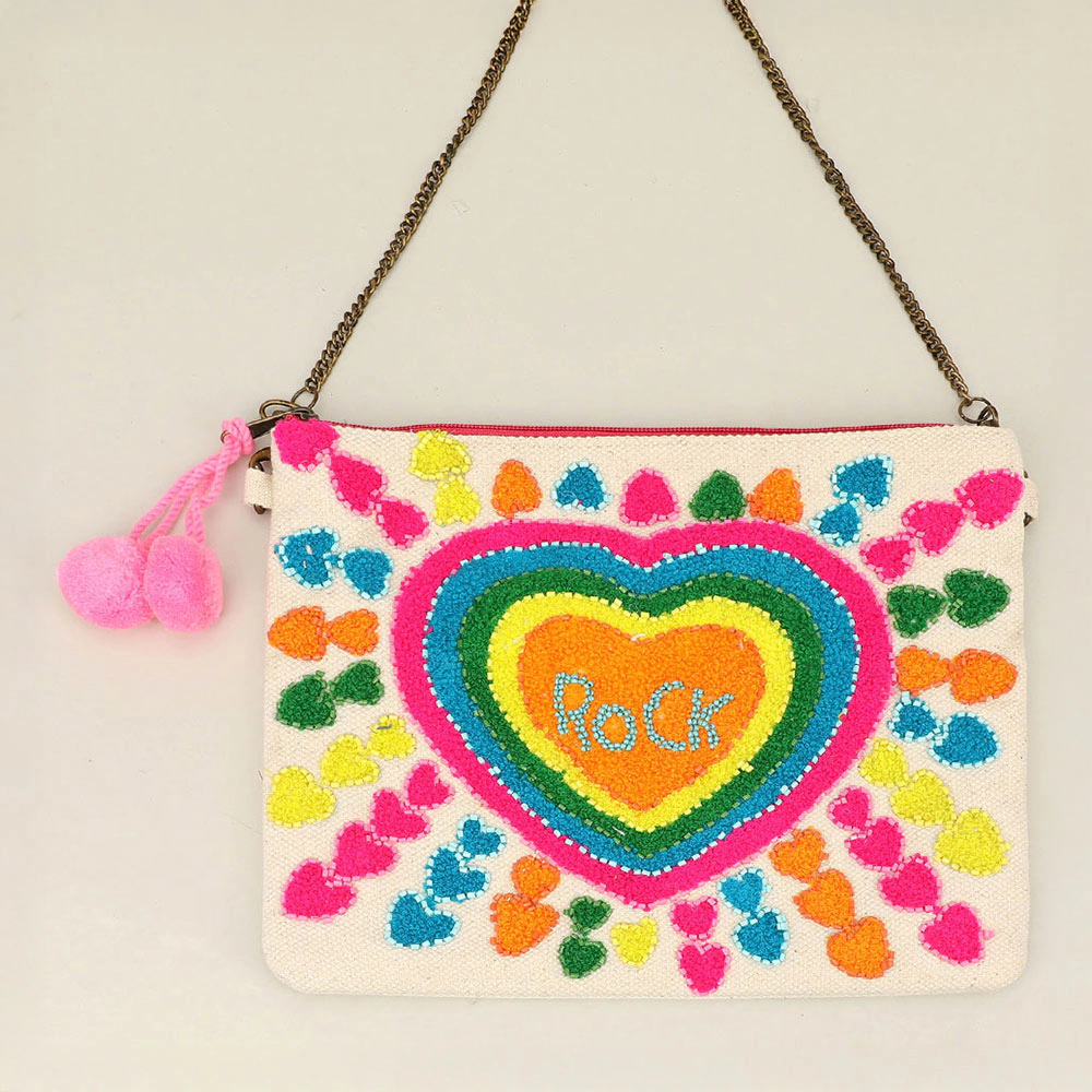 FASHNZFAB Boho Rainbow Heart Pom Pom Clutch Bag / Crossbody Bag