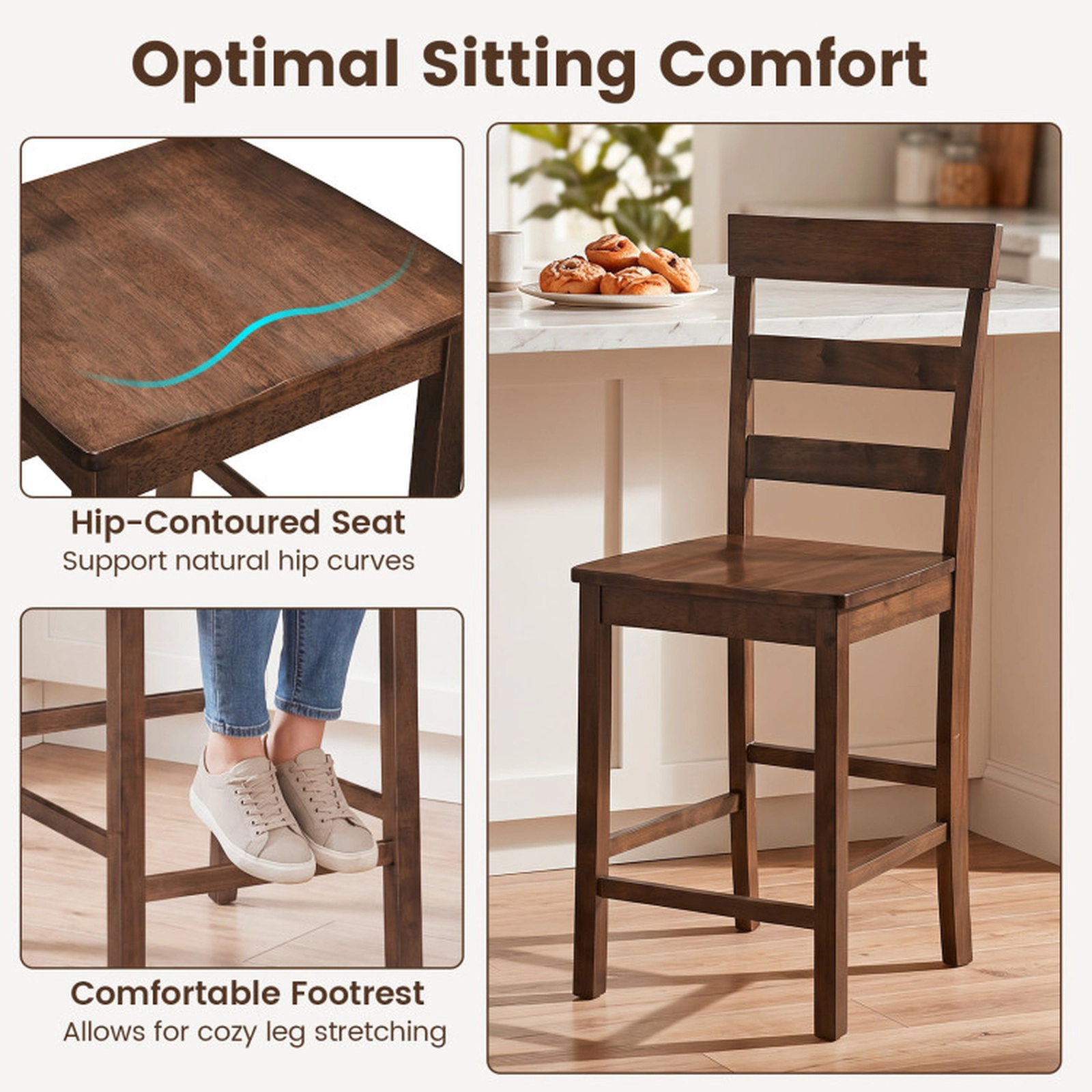 SUGIFT 24-in Counter Height Rubber Wood Bar Stools Set of 2 with Backrest and Footrest 330-lb Seat Capacity Brown