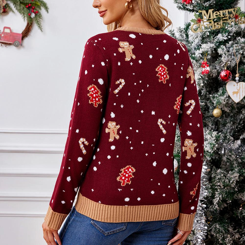 KOJOOIN Women's Christmas Sweater With Gingerbread Man Pattern, Long Sleeve Pullover