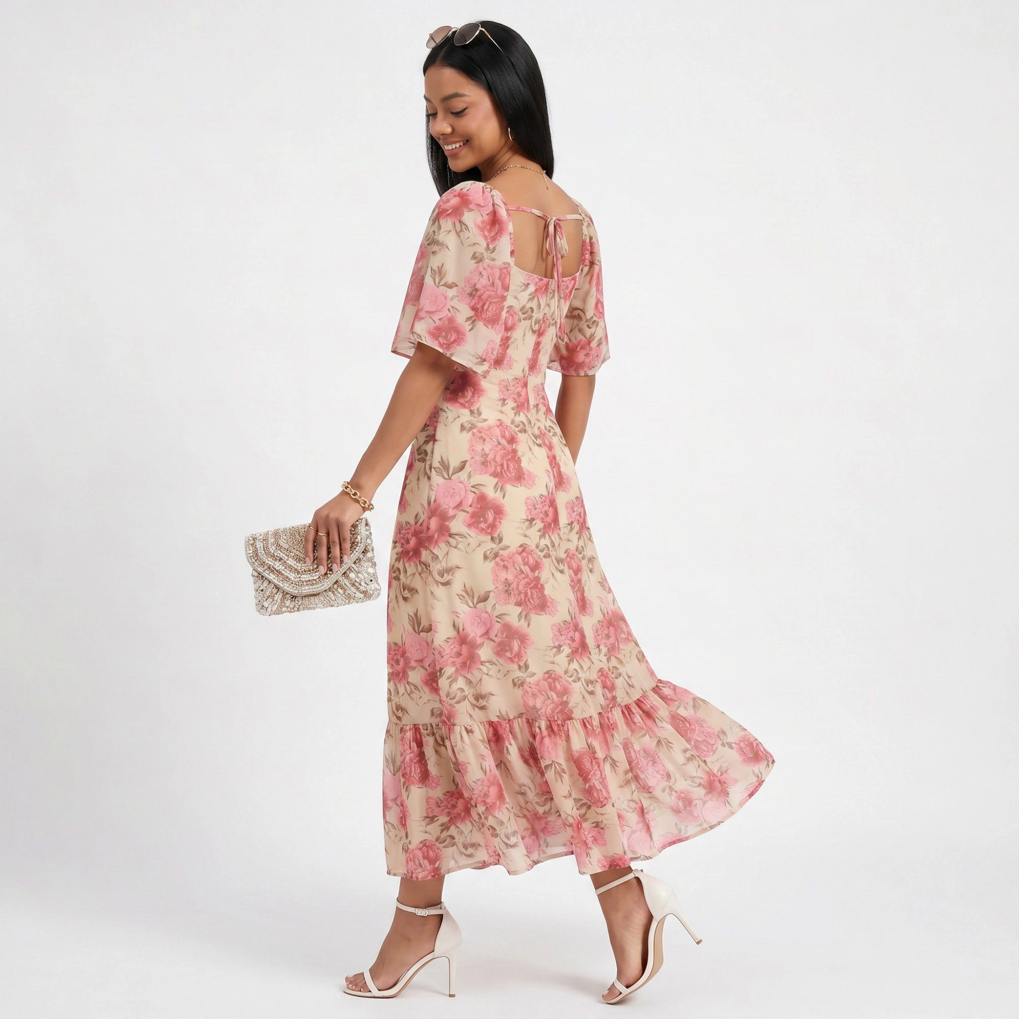 Anna-Kaci Women's Floral Square Neck Flutter Sleeve Ruffle Hem Midi Dress