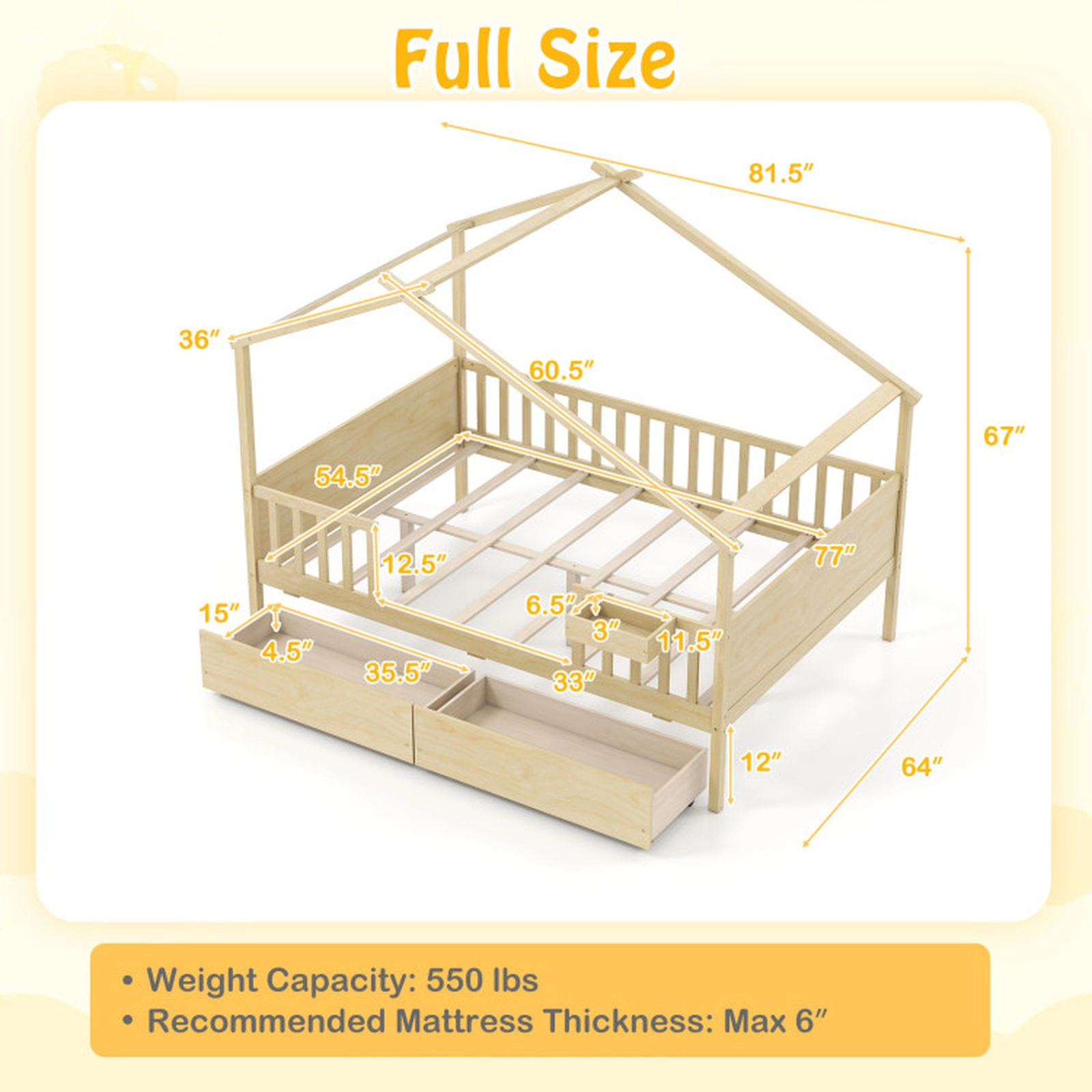 SUGIFT Natural Roof Fence Rails and 2 Drawers Full Size Kids Wooden House Bed