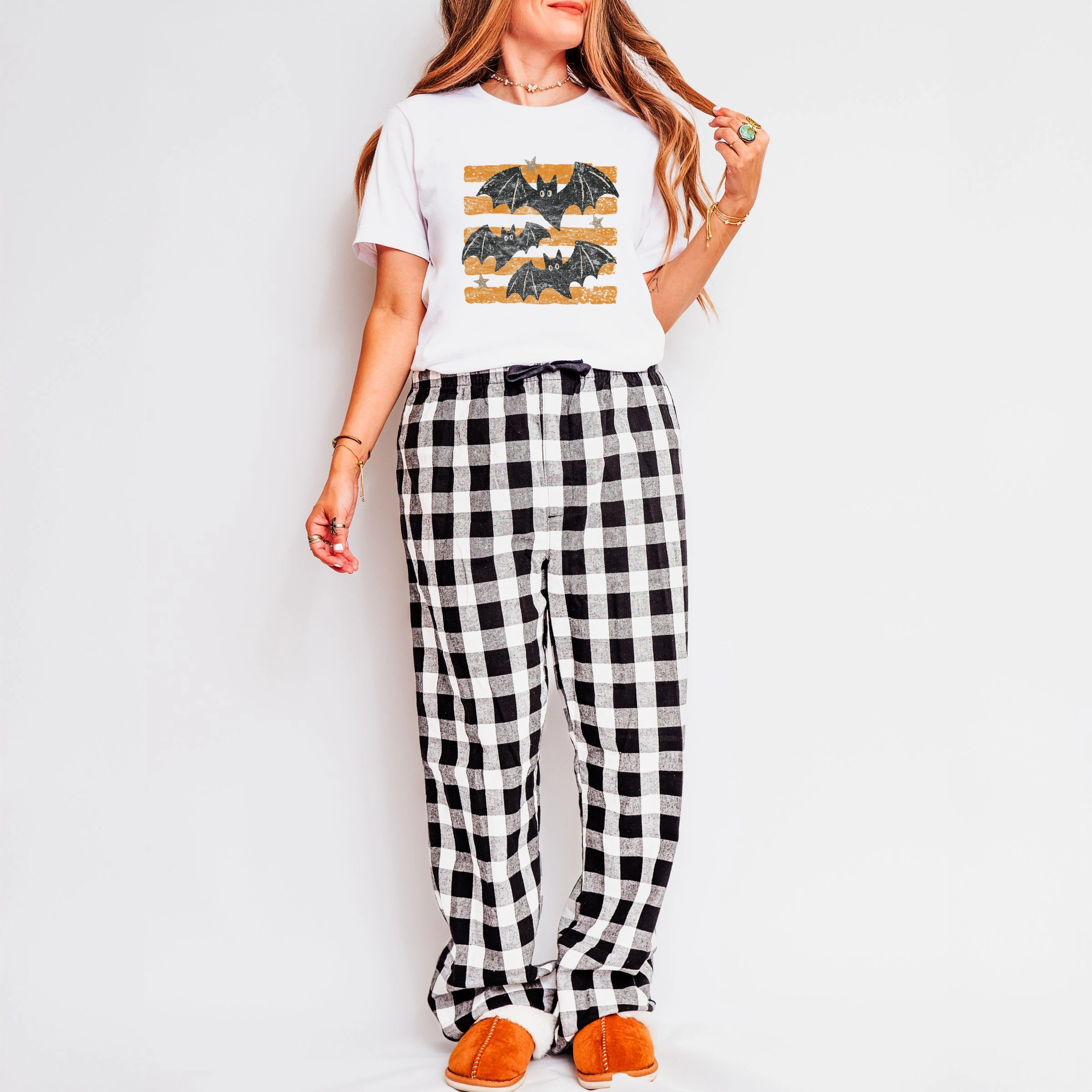 Simply Sage Market - Women's Plaid Pants and Tee Set Bats Orange Stripes