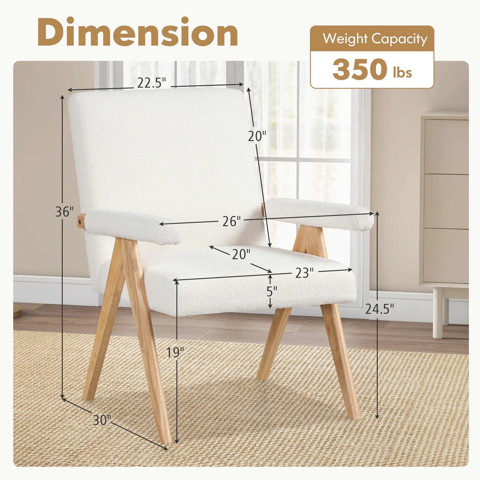SUGIFT Mid Century Modern Rubber Wood Accent Chair with Sherpa Fabric 26-in Wide Seat 350-lb Capacity Beige and Natural