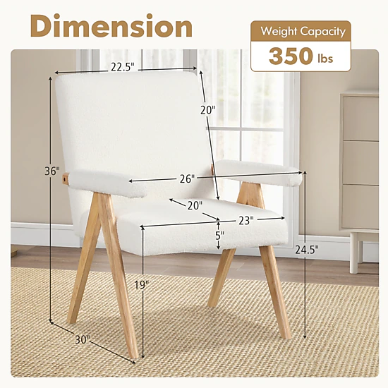 SUGIFT Mid Century Modern Rubber Wood Accent Chair with Sherpa Fabric 26-in Wide Seat 350-lb Capacity Beige and Natural