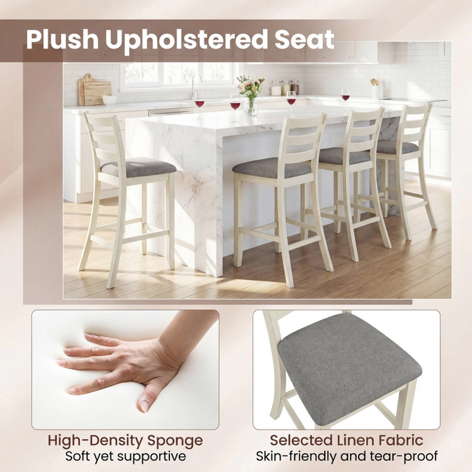 SUGIFT Beige Linen Fabric Seat and Rubber Wood Legs 4 Piece Counter Height Chair Set