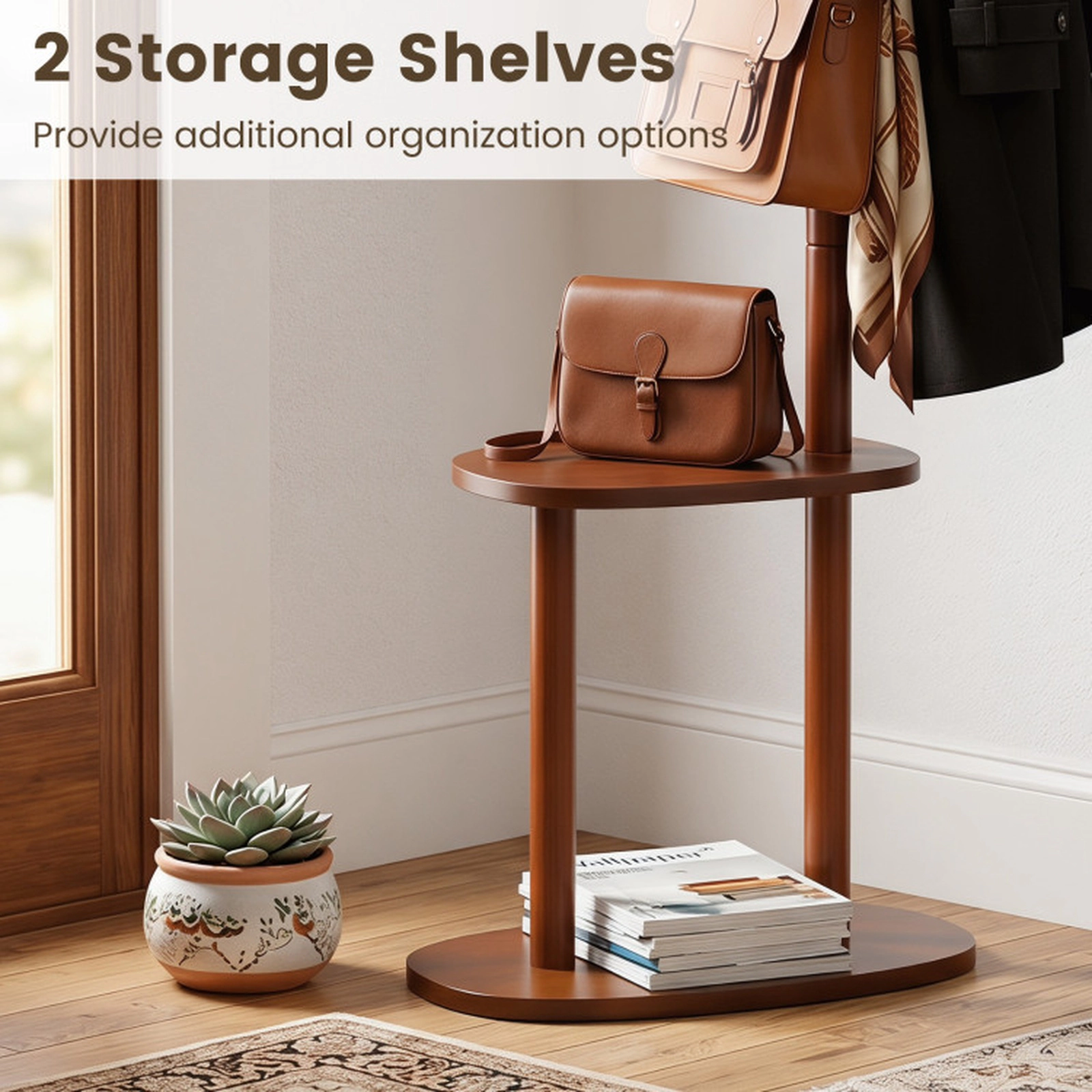 SUGIFT 8-Hook Rubber Wood Coat Rack with 2 Storage Shelves 11-lb Hook and 22-lb Shelf Capacity 70-in Tall Walnut