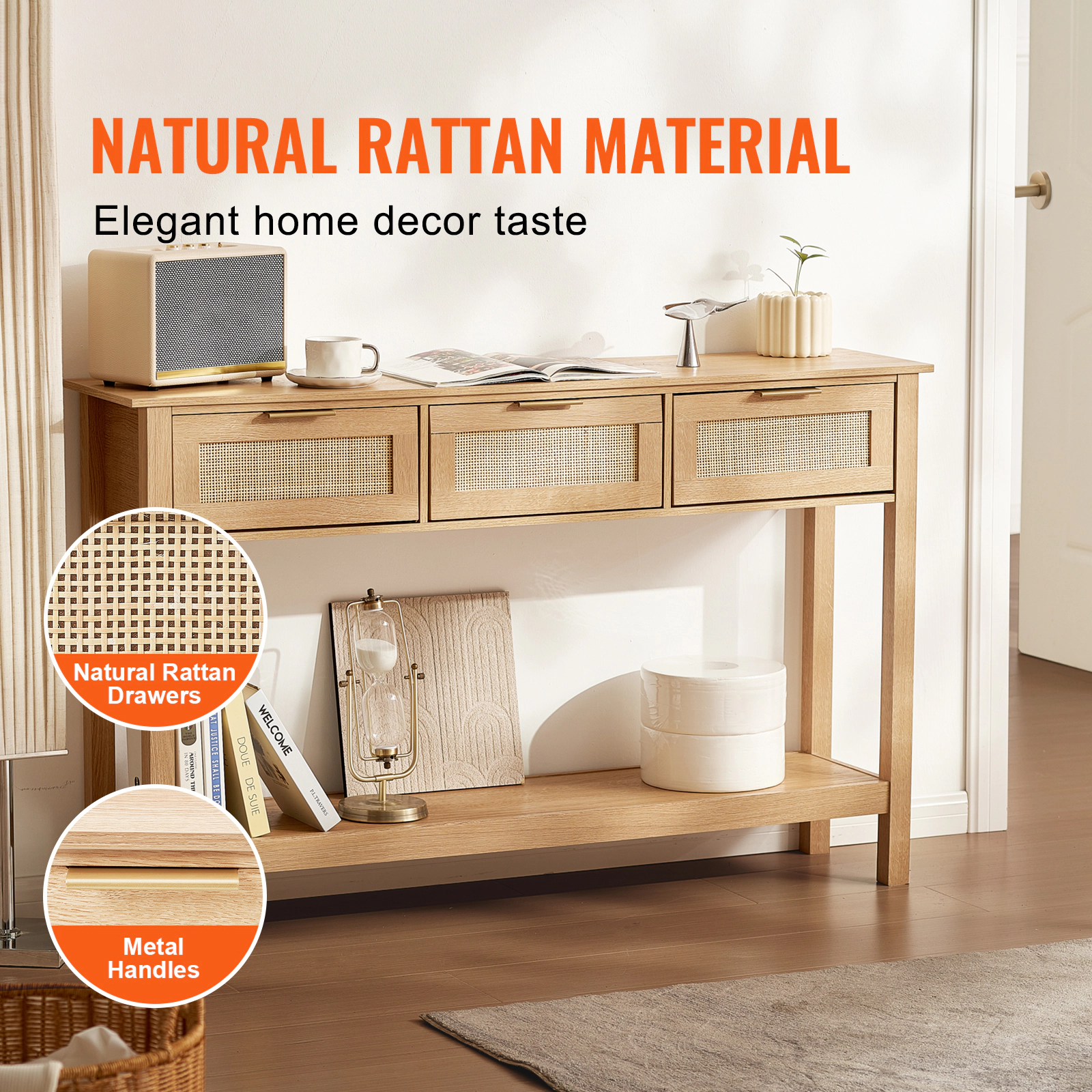 HONGGE Natural Rattan Console Table with 3 Storage Drawers, Narrow Entryway Table for Living Room, Study, TV Wall