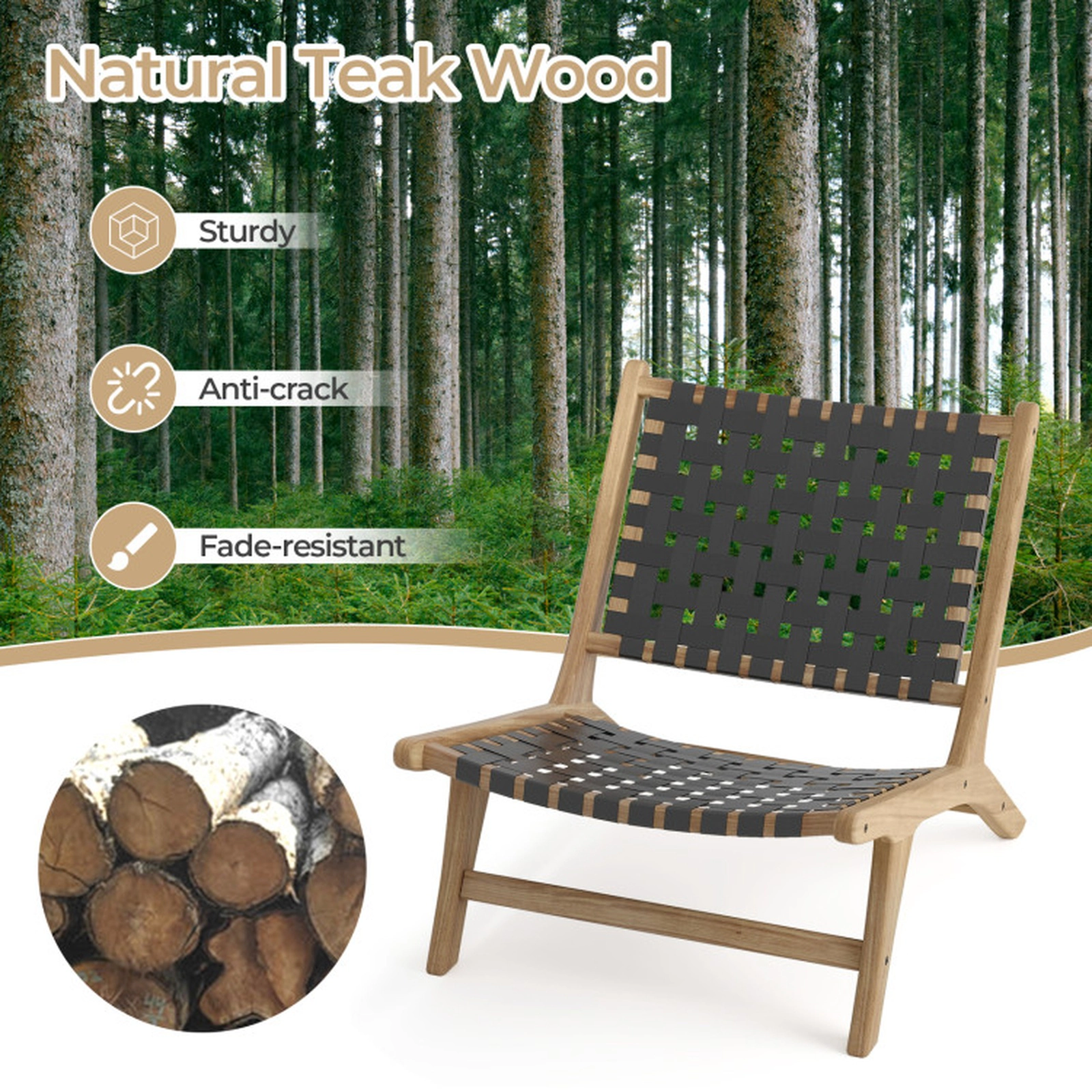 SUGIFT Black Nylon Woven Teak Wood Patio Armchair with Built-In Footrest 32-in W 25.5-in D 27.5-in H
