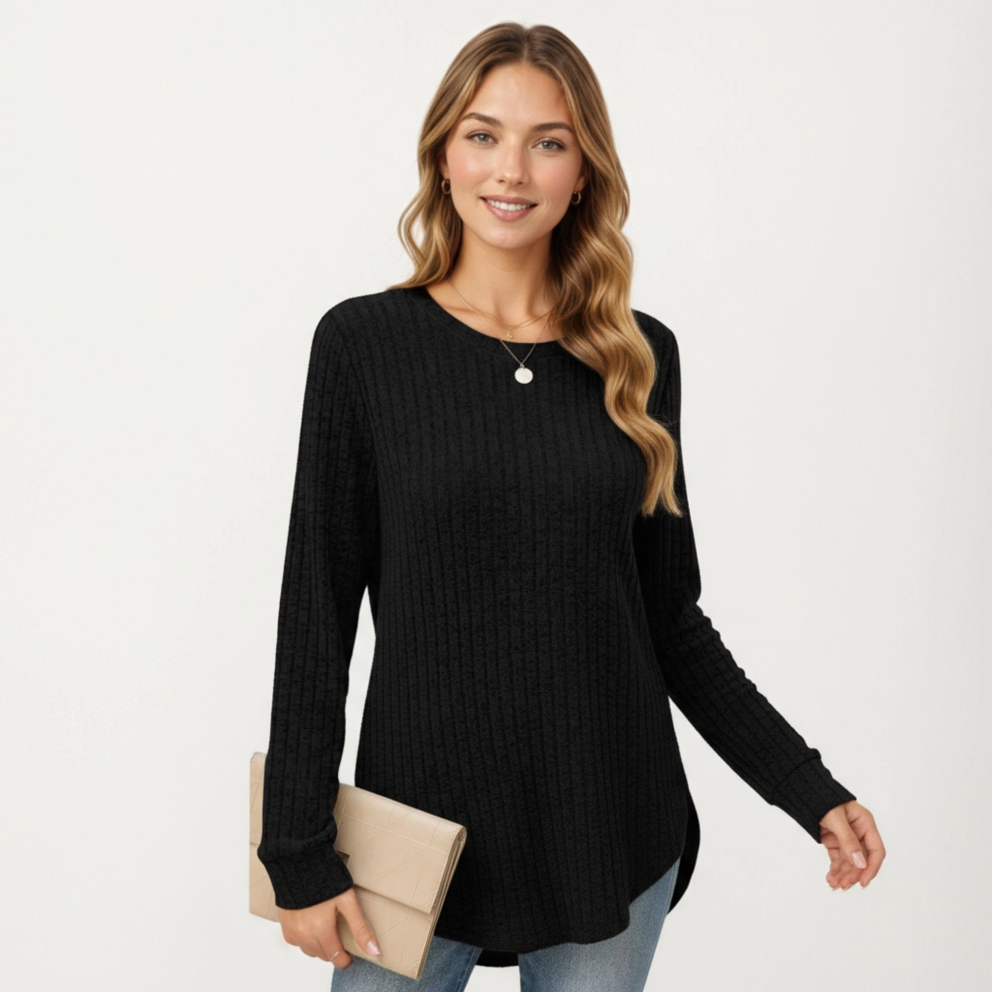 Anna-Kaci Women's Ribbed Rounded Hem Relaxed Fit Long Sleeve Knit Top