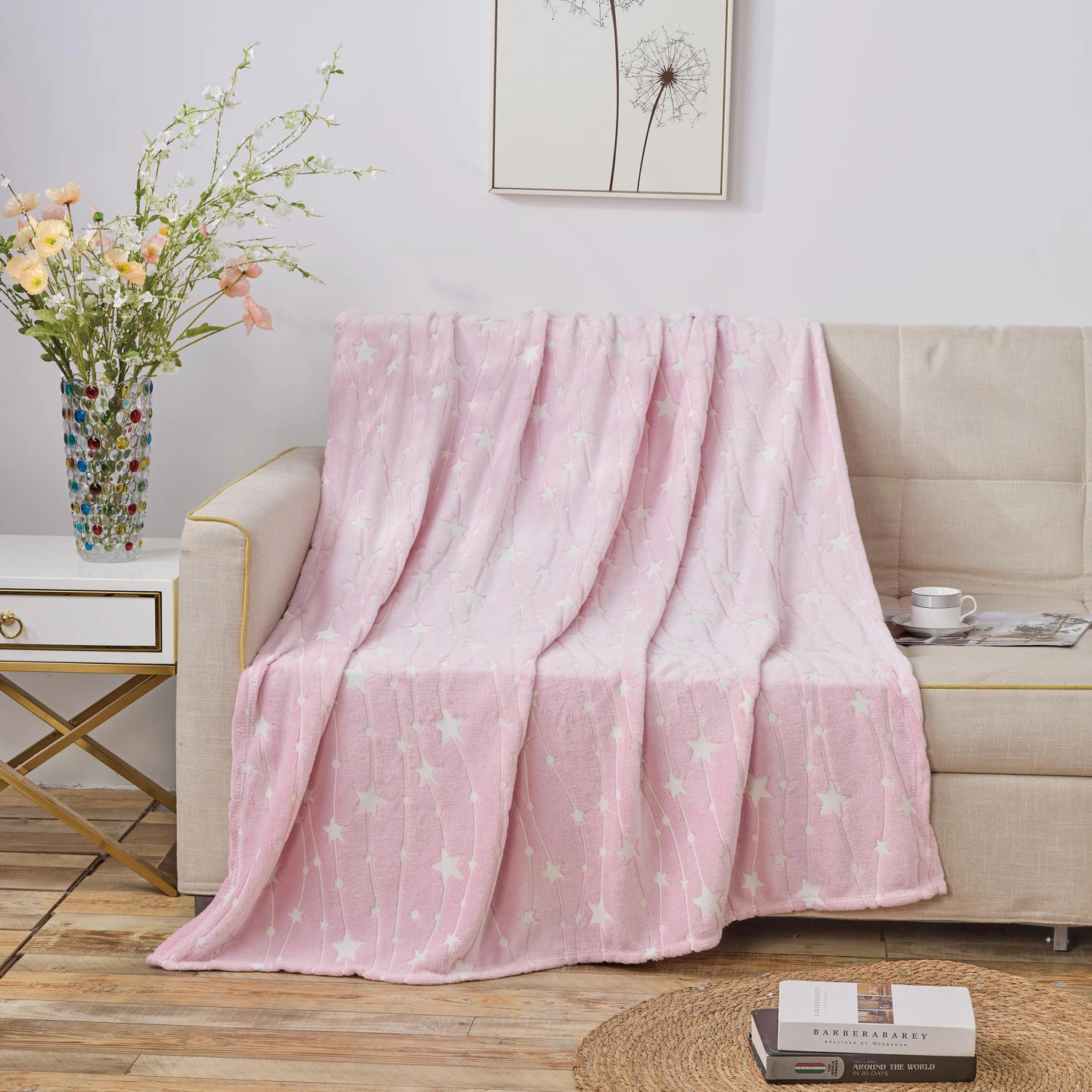 Plazatex Star Light Soft & Cozy Glow in the Dark Throw Blanket Ideal for Bedroom & Living Room Decor 50"x60" Pink