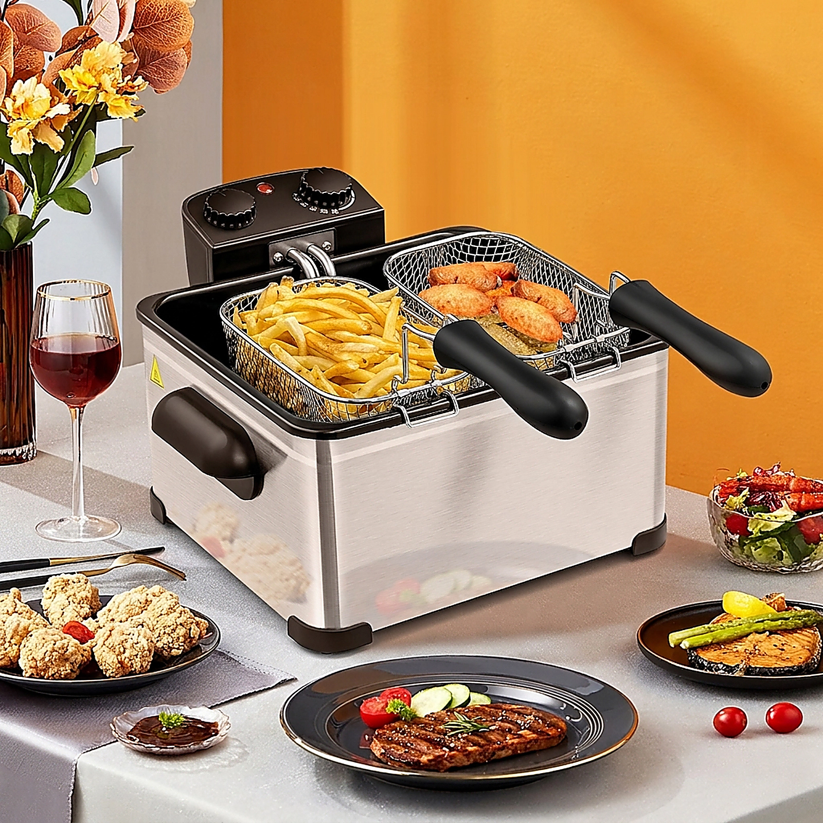 SUGIFT Silver Stainless Steel Electric Deep Fryer with 3 Baskets 1700W 5.3-Qt Oil Tank 21-Cup Food 20-in W 14-in D