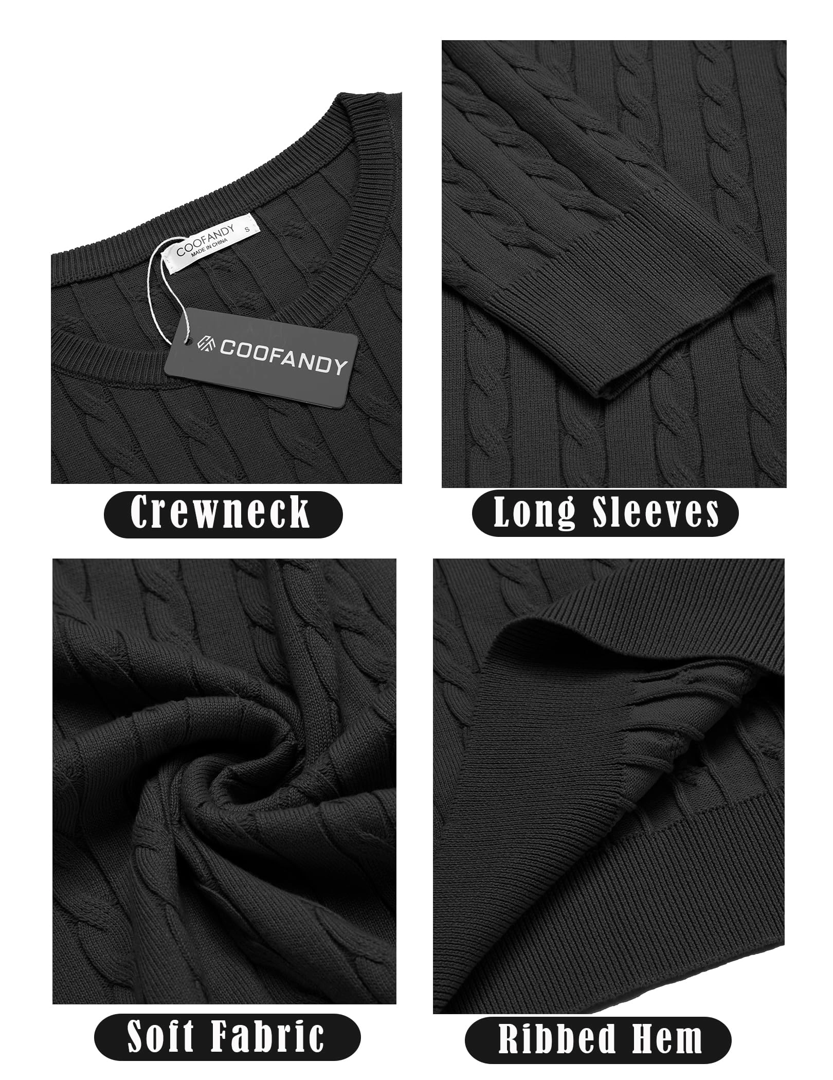 COOFANDY Mens Classic Long Sleeve Sweater Fall Crew Neck Cable Knit Casual Pullover