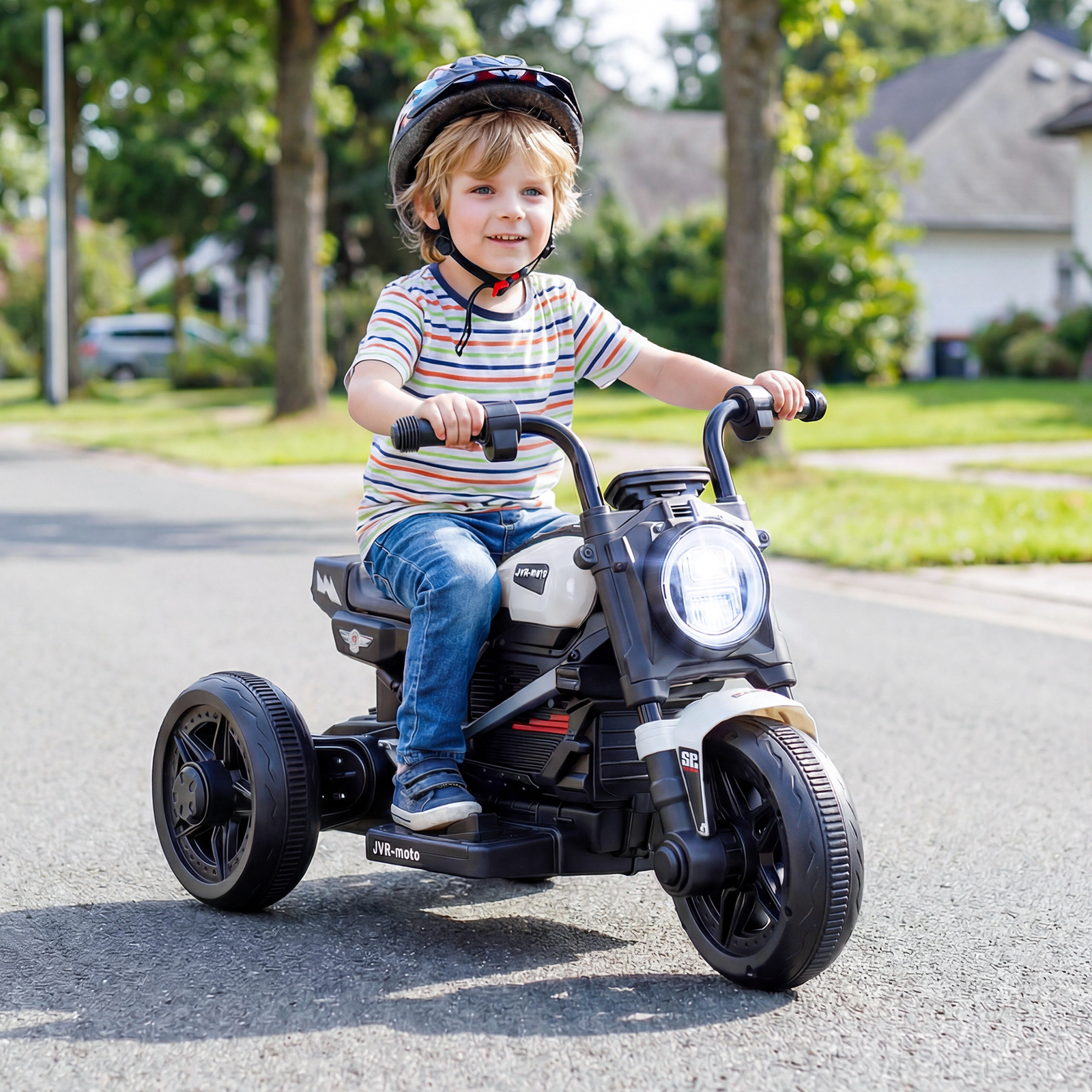6V Kids Electric Motorcycle 3-Wheel Stable Frame LED Headlight Battery Display 10 Songs USB Audio Input Ages 3-5 White