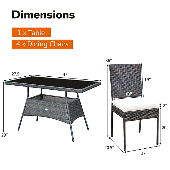 LJG 5 Pieces Rattan Dining Set Glass Table High Back Chair