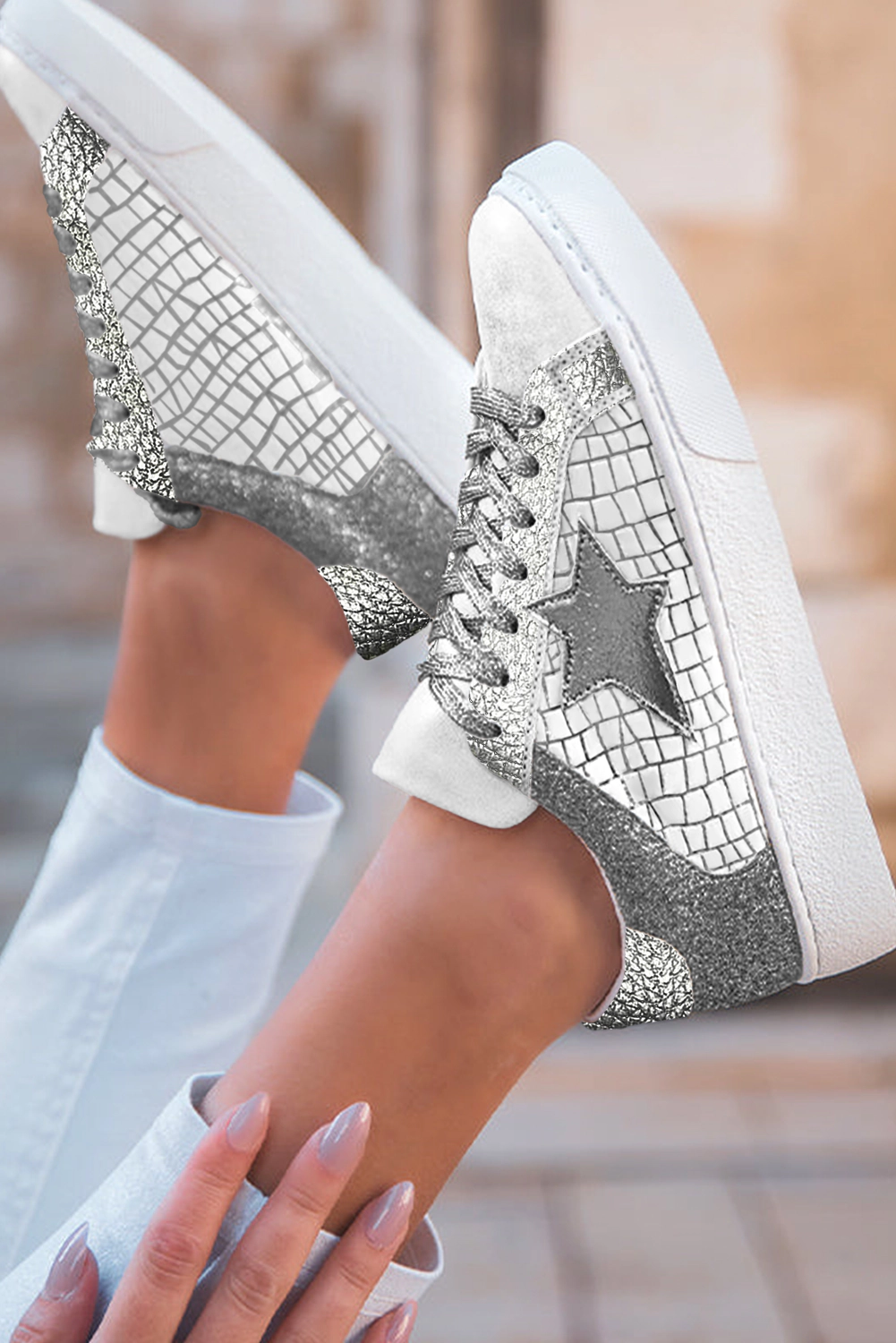 Threaded Pear Women's Emi Glitter Star Lace-up Sneakers