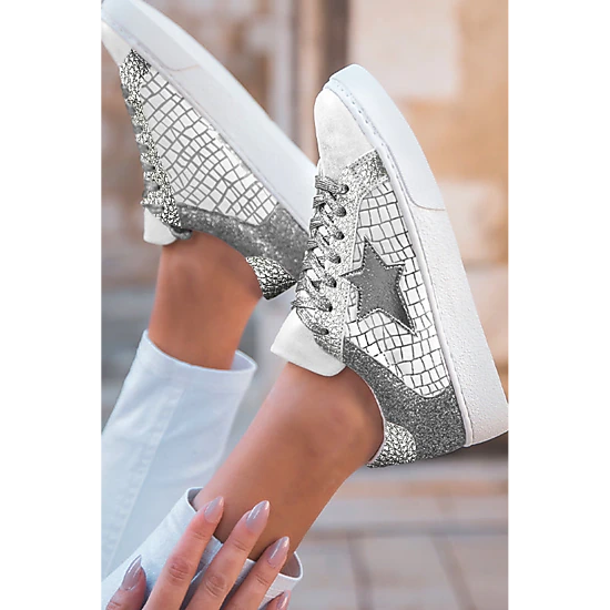Threaded Pear Women's Emi Glitter Star Lace-up Sneakers