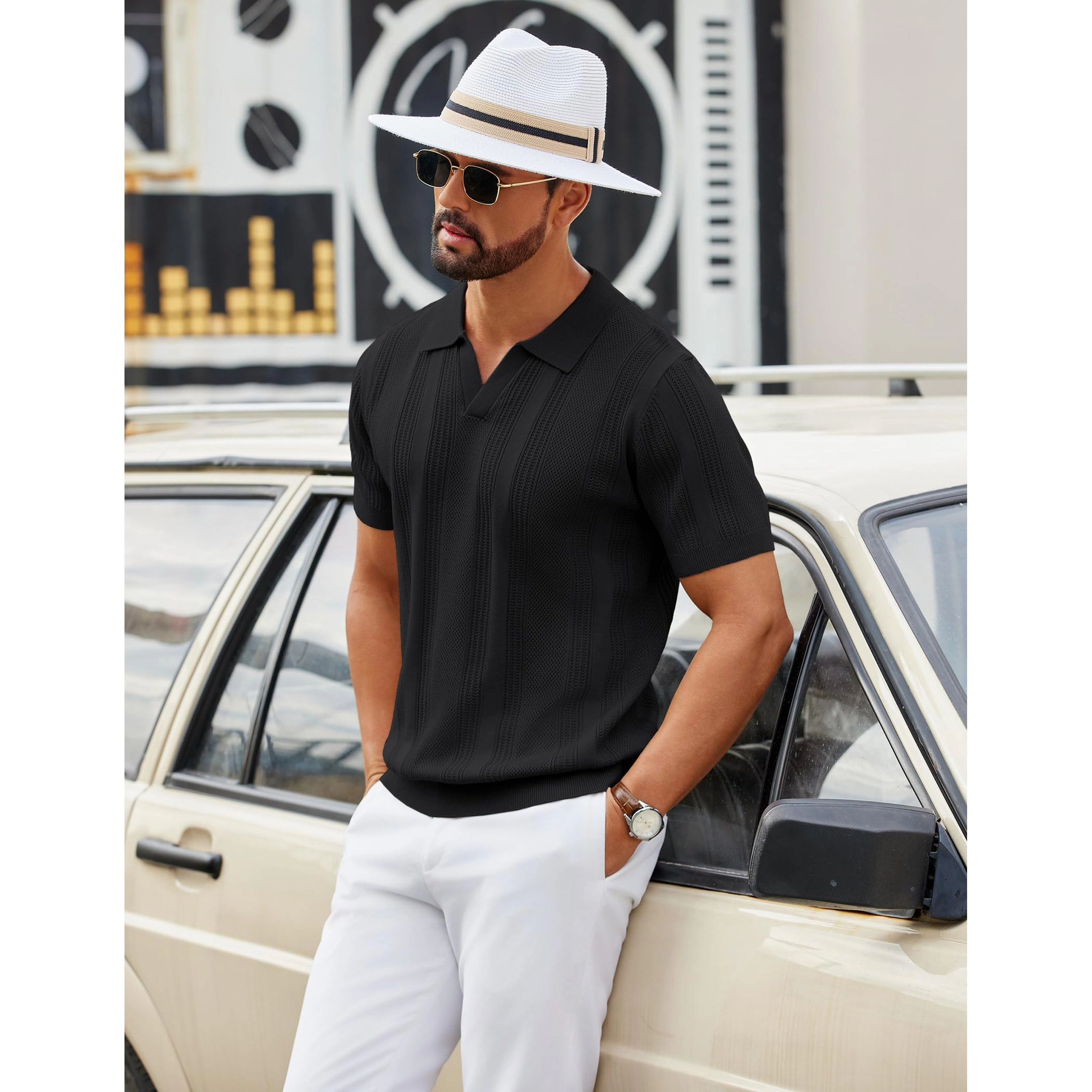 COOFANDY Men's Regular Fit Textured Knit Short Sleeve Polo Shirt