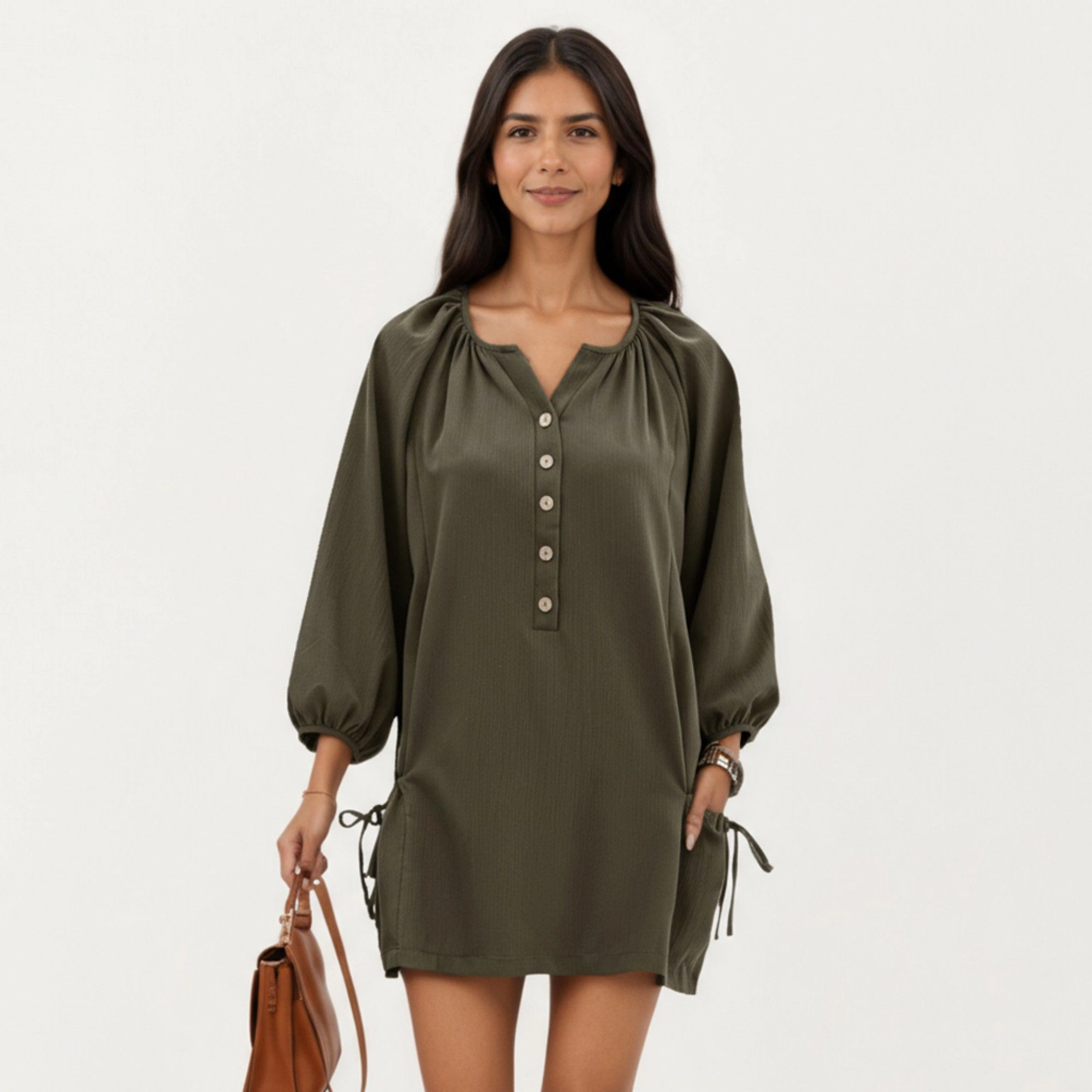 Anna-Kaci Women's Long Sleeve Button Front Side Tie Relaxed Fit Mini Dress