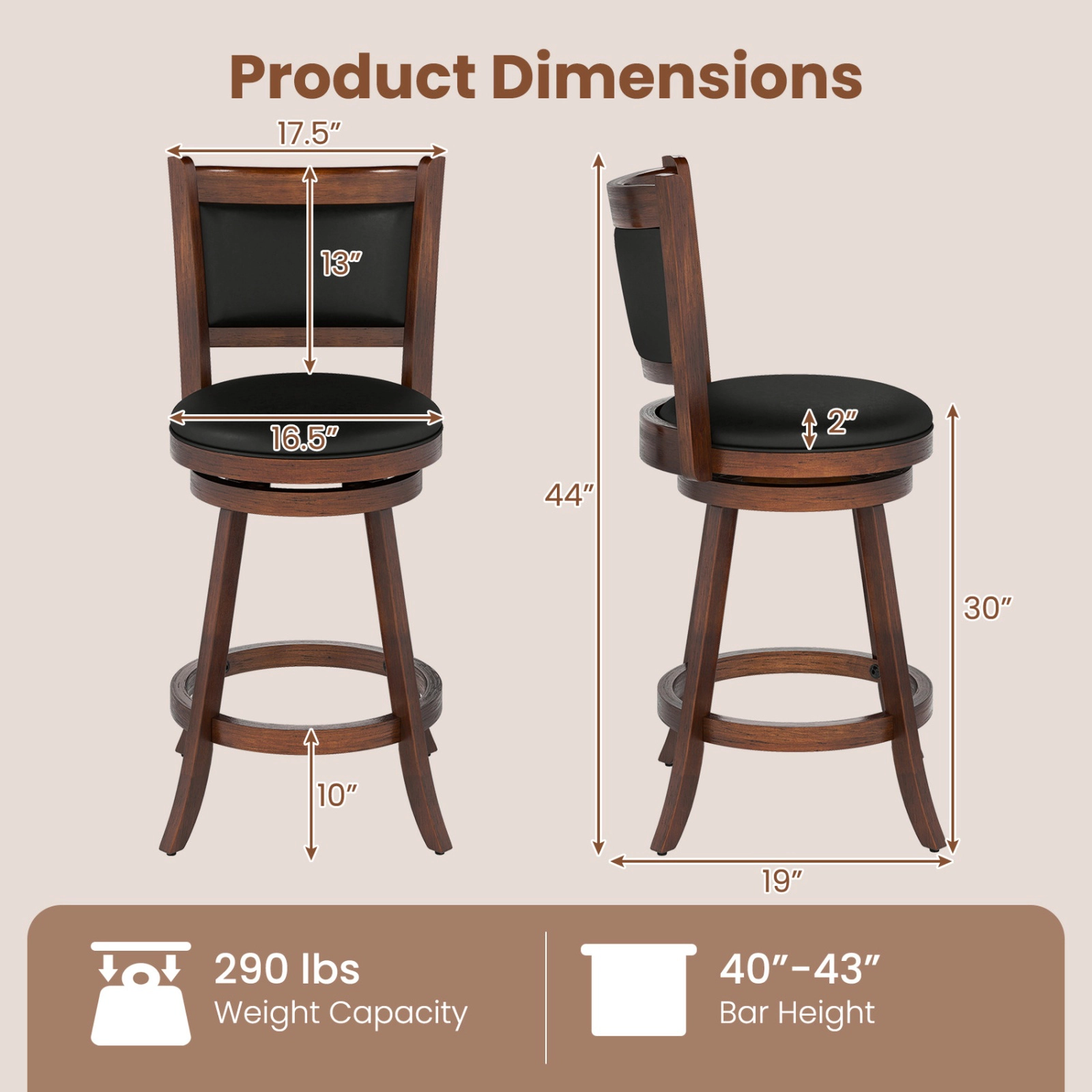 SUGIFT Set of 2 29-Inch Swivel Bar Stools, Rubber Wood Frame, Cushioned PVC Seat, Panel Back