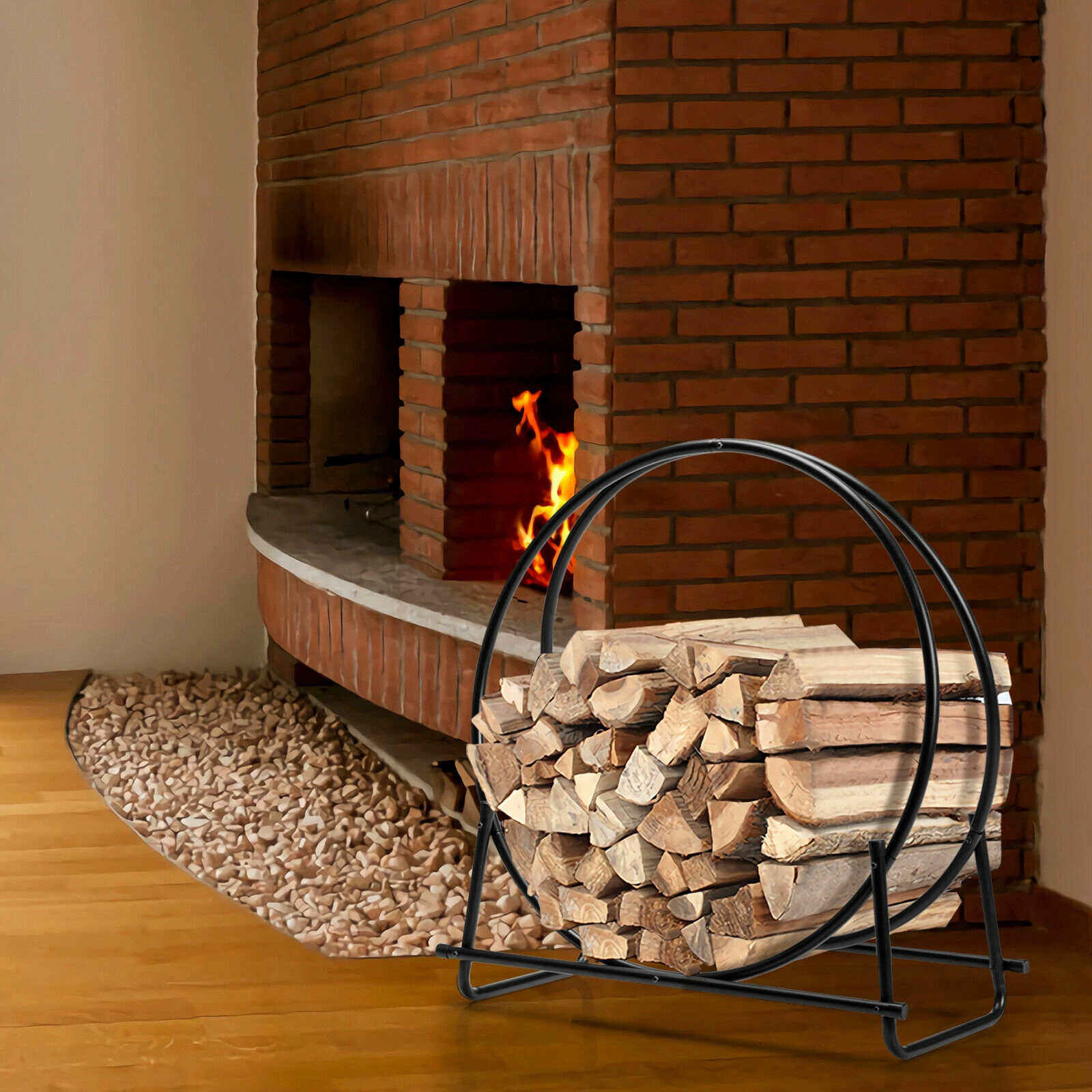 SUGIFT 30-in A-Frame Powder Coated Tubular Steel Log Hoop Firewood Rack 37.6-in x 14.2-in x 40.4-in 440-lb Black