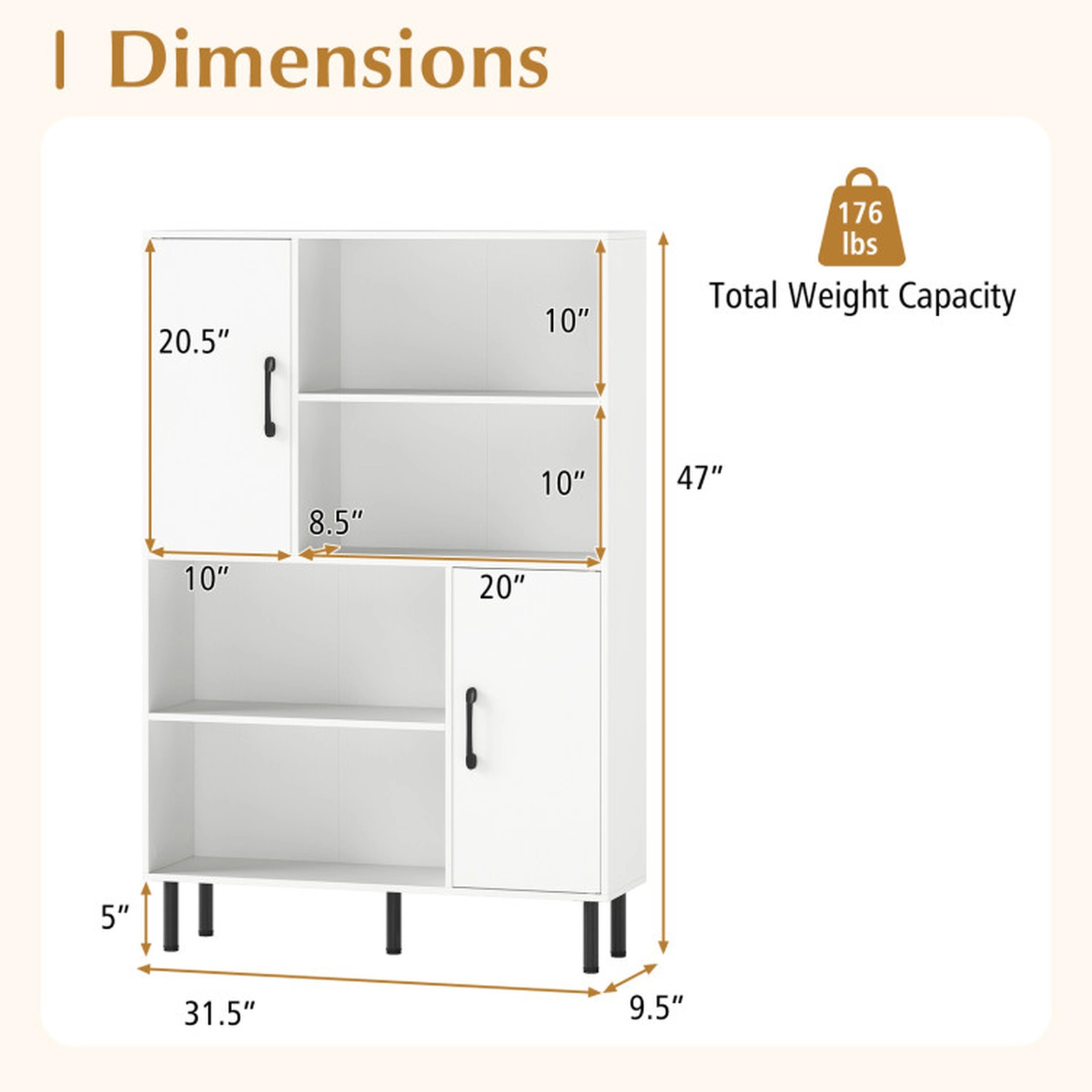 SUGIFT White 47-in Narrow Freestanding Bookshelf with 2 Doors 4 Open Shelves and Metal Legs for Study