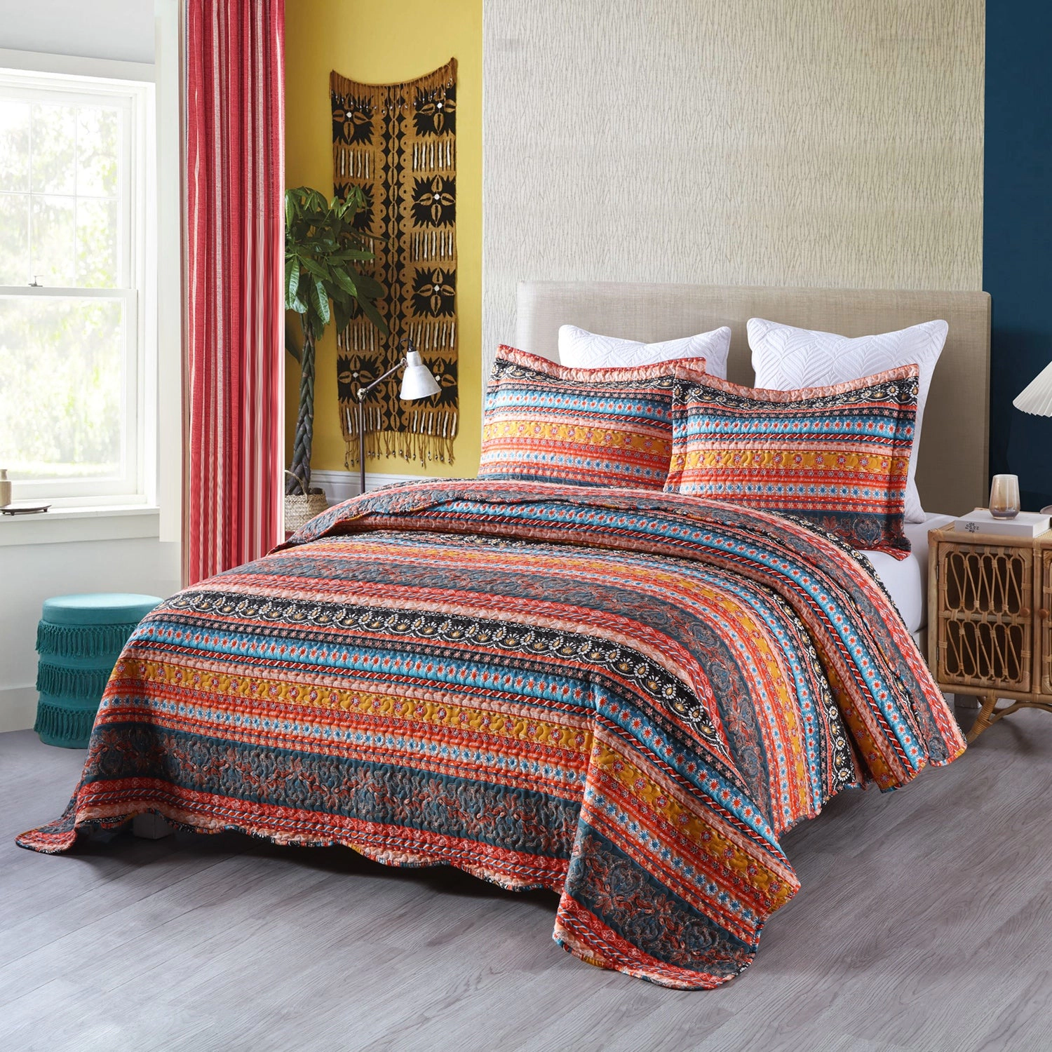 MarCielo 3 Piece Boho Quilt Bedspread Set, Tribal Striped Coverlet with 2 Pillowshams