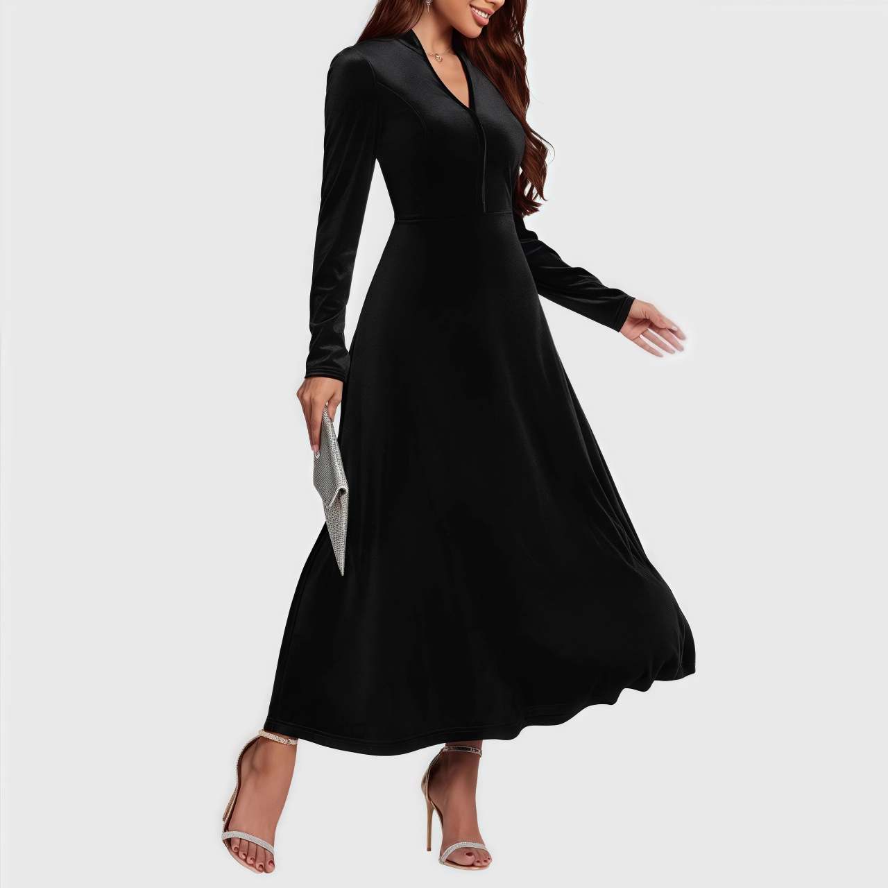 YesFashion Womens Velvet Maxi Dress Casual V Neck Long Sleeve High Waist A Line Flowy Party